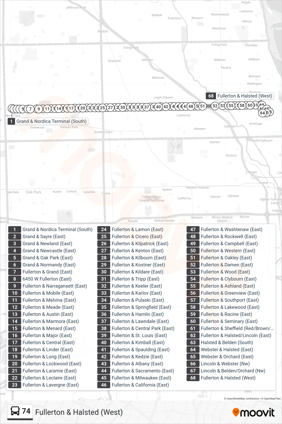 74 bus Line (Fullerton & Halsted (West)) route and stops on a map