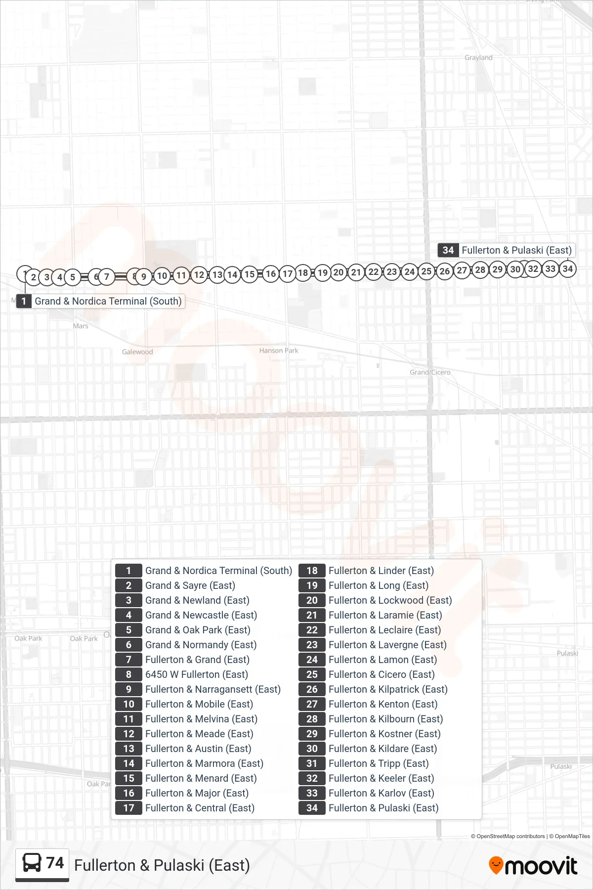 74 bus Line (Fullerton & Pulaski (East)) route and stops on a map