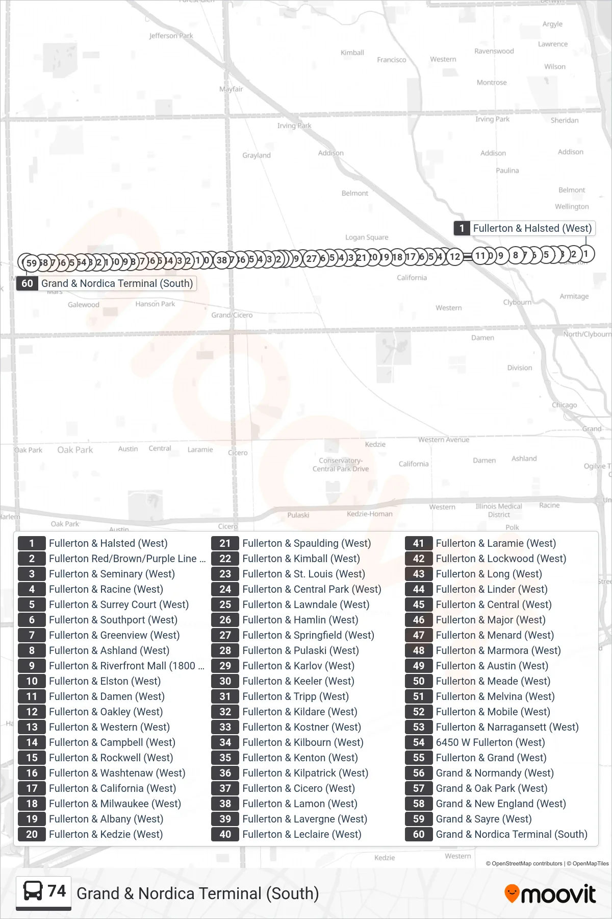 74 bus Line (Grand & Nordica Terminal (South)) route and stops on a map