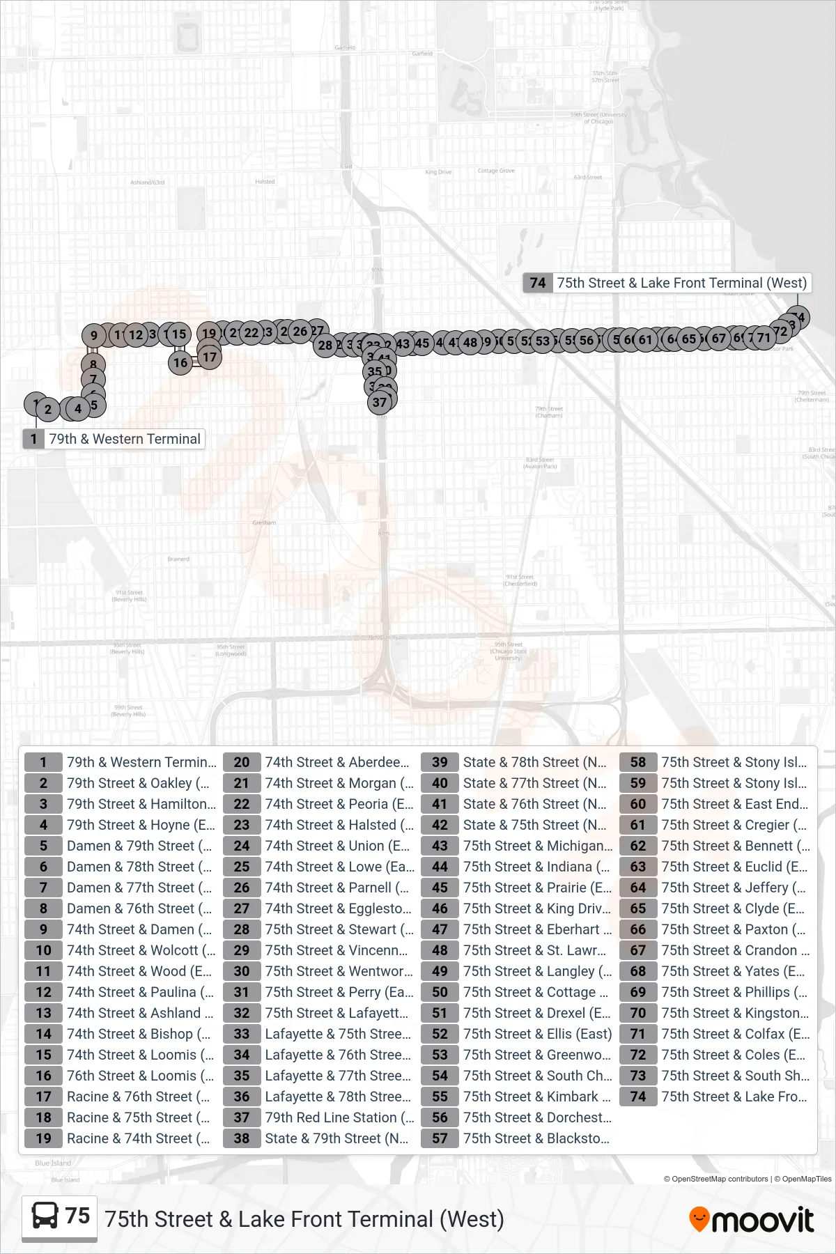 75 bus Line (75th Street & Lake Front Terminal (West)) route and stops on a map
