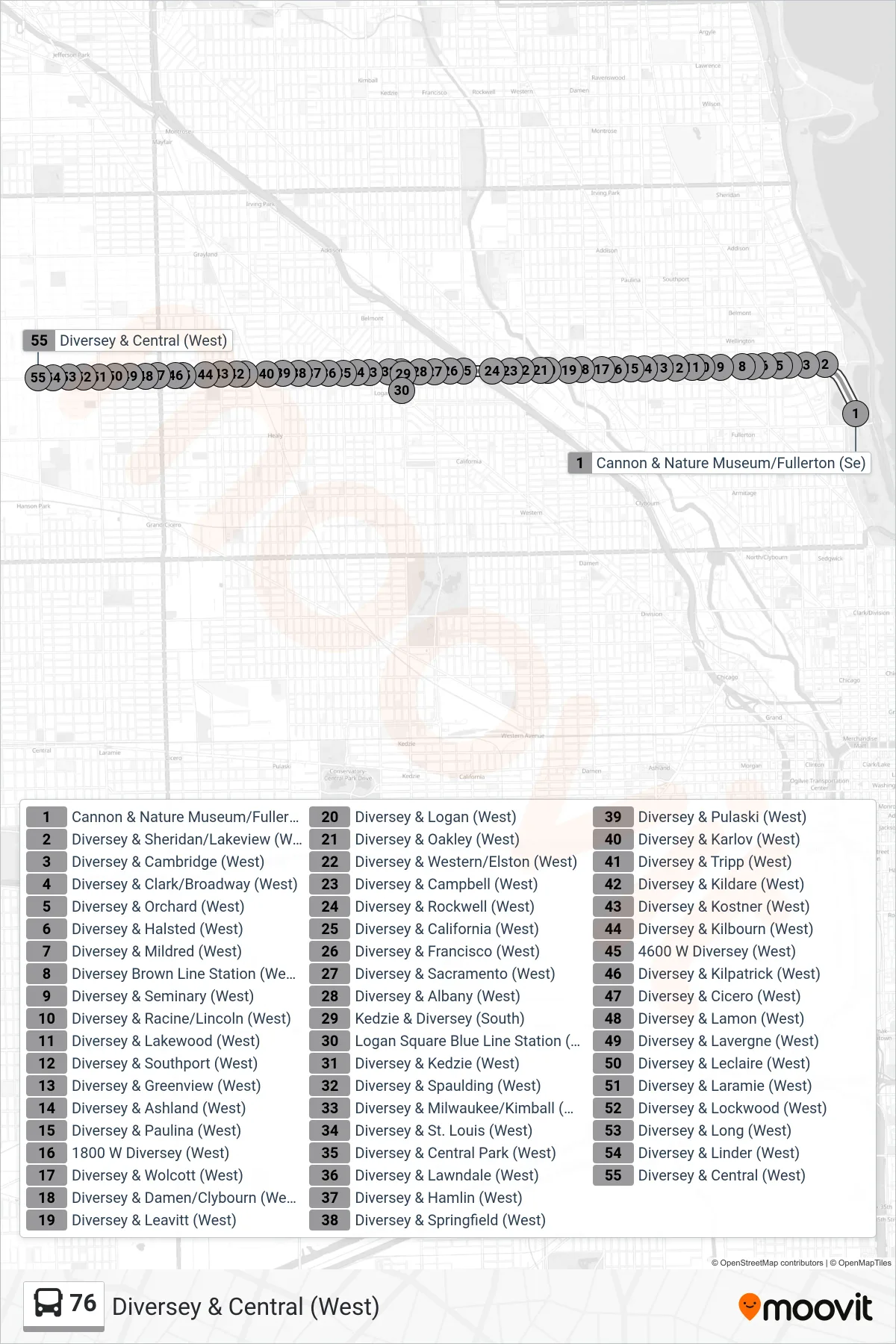 76 bus Line (Diversey & Central (West)) route and stops on a map