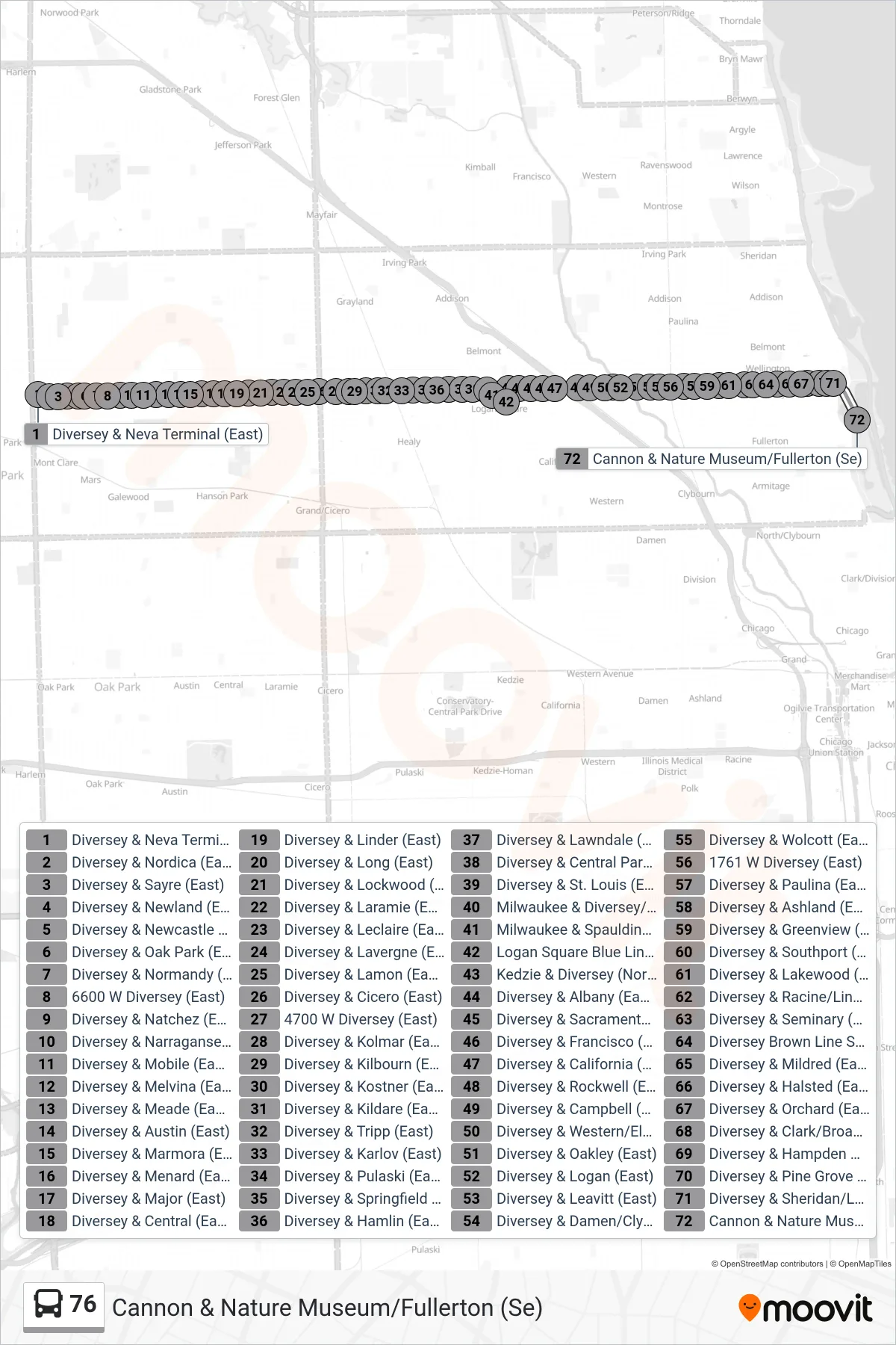 76 bus Line (Cannon & Nature Museum/Fullerton (Se)) route and stops on a map