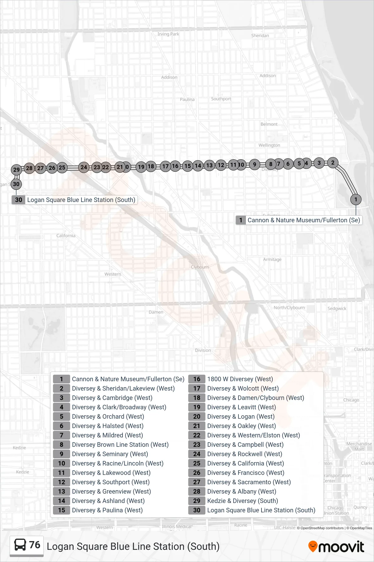76 bus Line (Logan Square Blue Line Station (South)) route and stops on a map