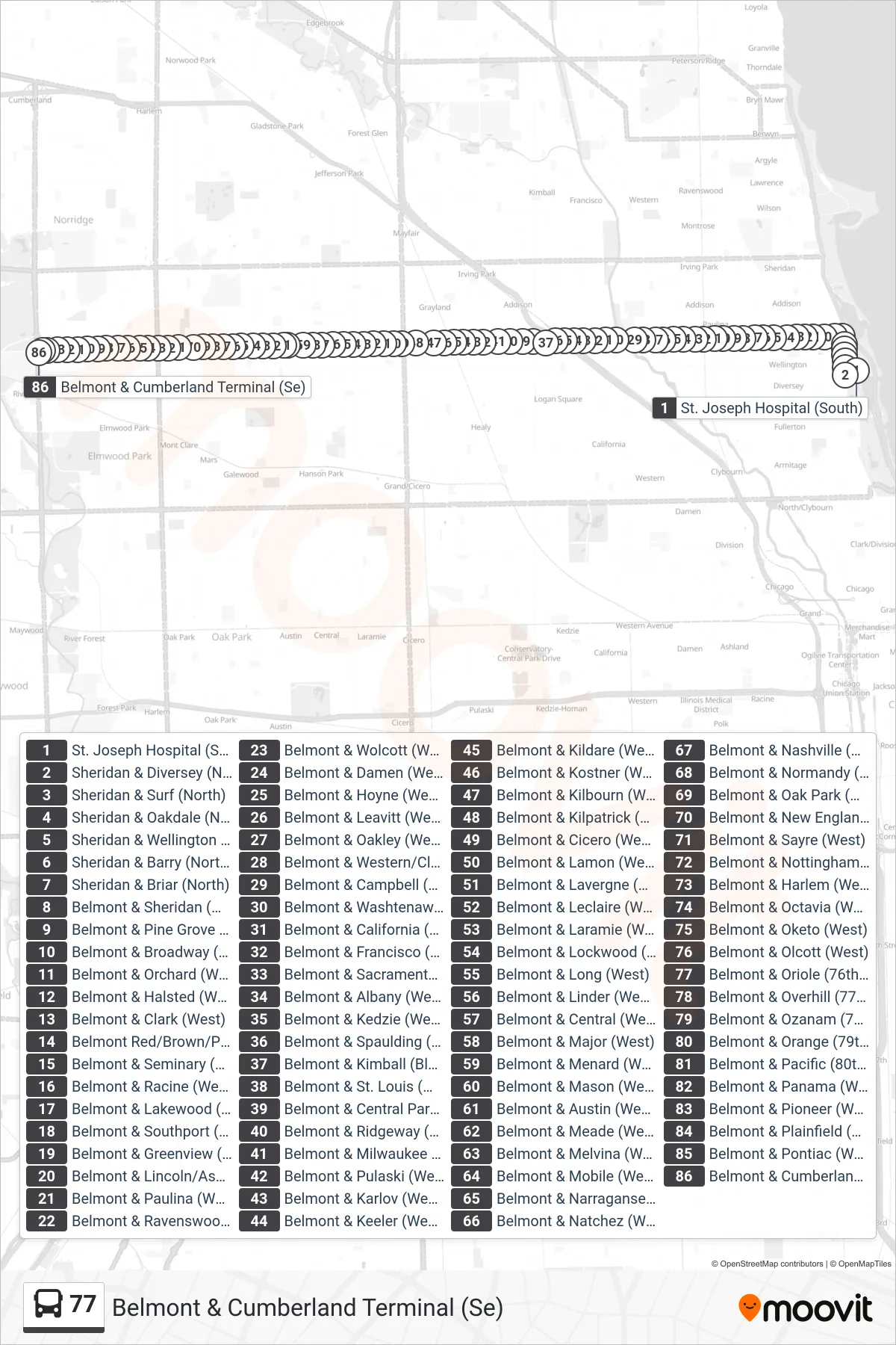 77 bus Line (Belmont & Cumberland Terminal (Se)) route and stops on a map