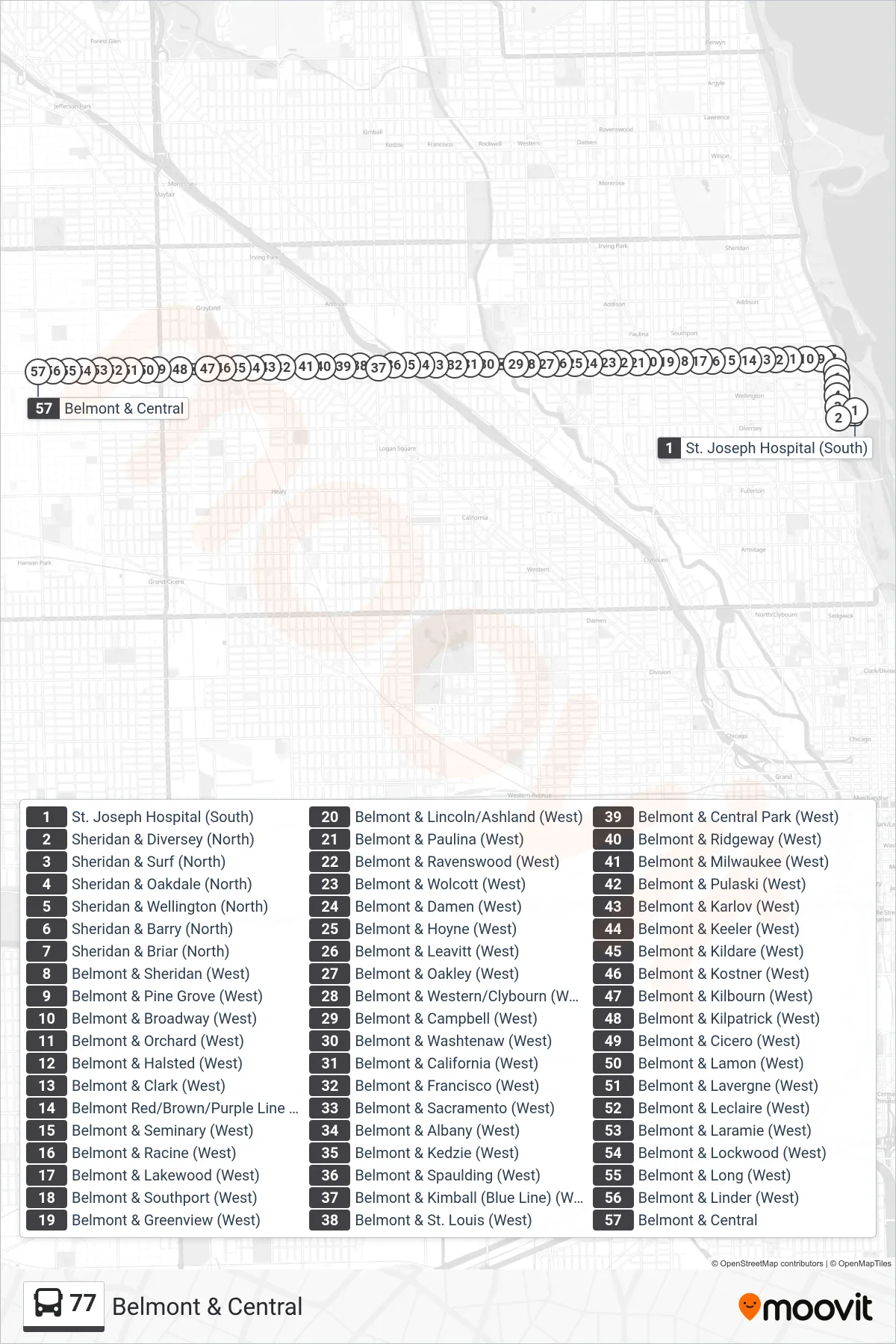 77 bus Line (Belmont & Central) route and stops on a map