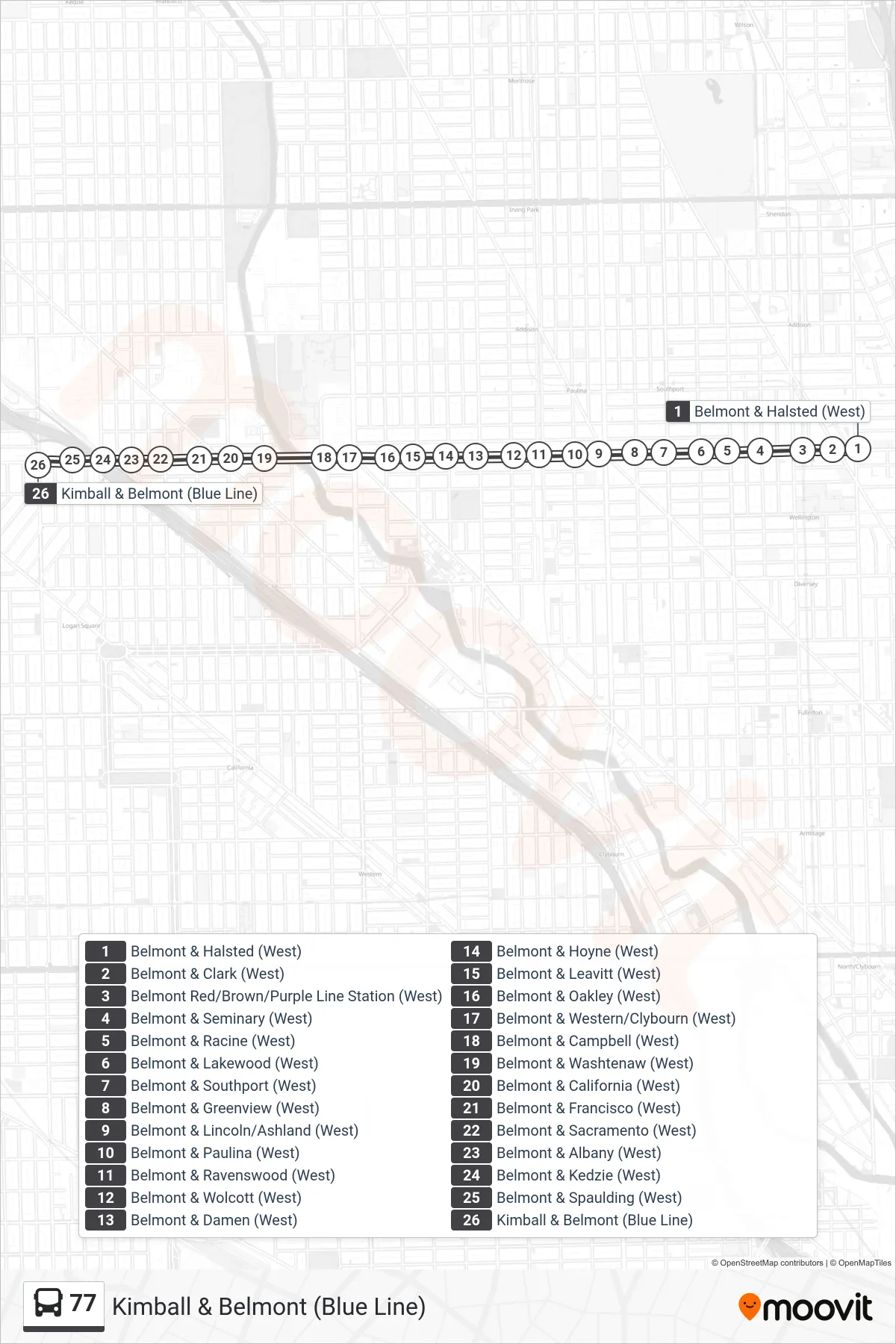 77 bus Line (Kimball & Belmont (Blue Line)) route and stops on a map