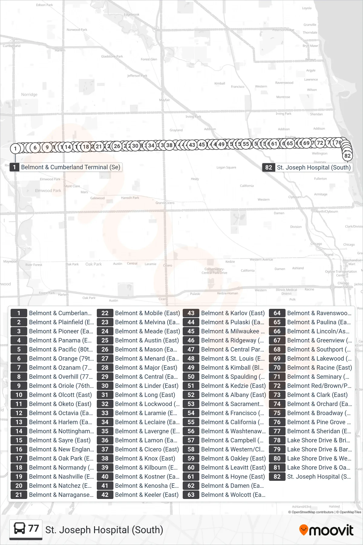 77 bus Line (St. Joseph Hospital (South)) route and stops on a map