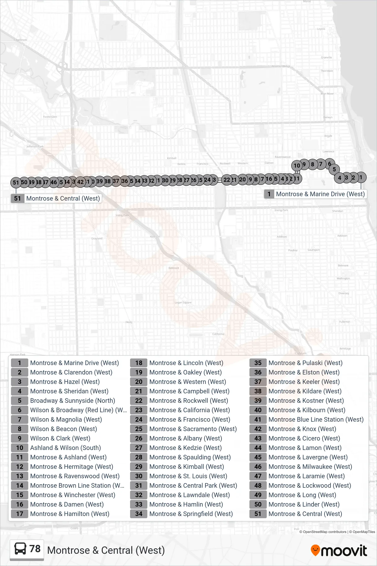 78 bus Line (Montrose & Central (West)) route and stops on a map