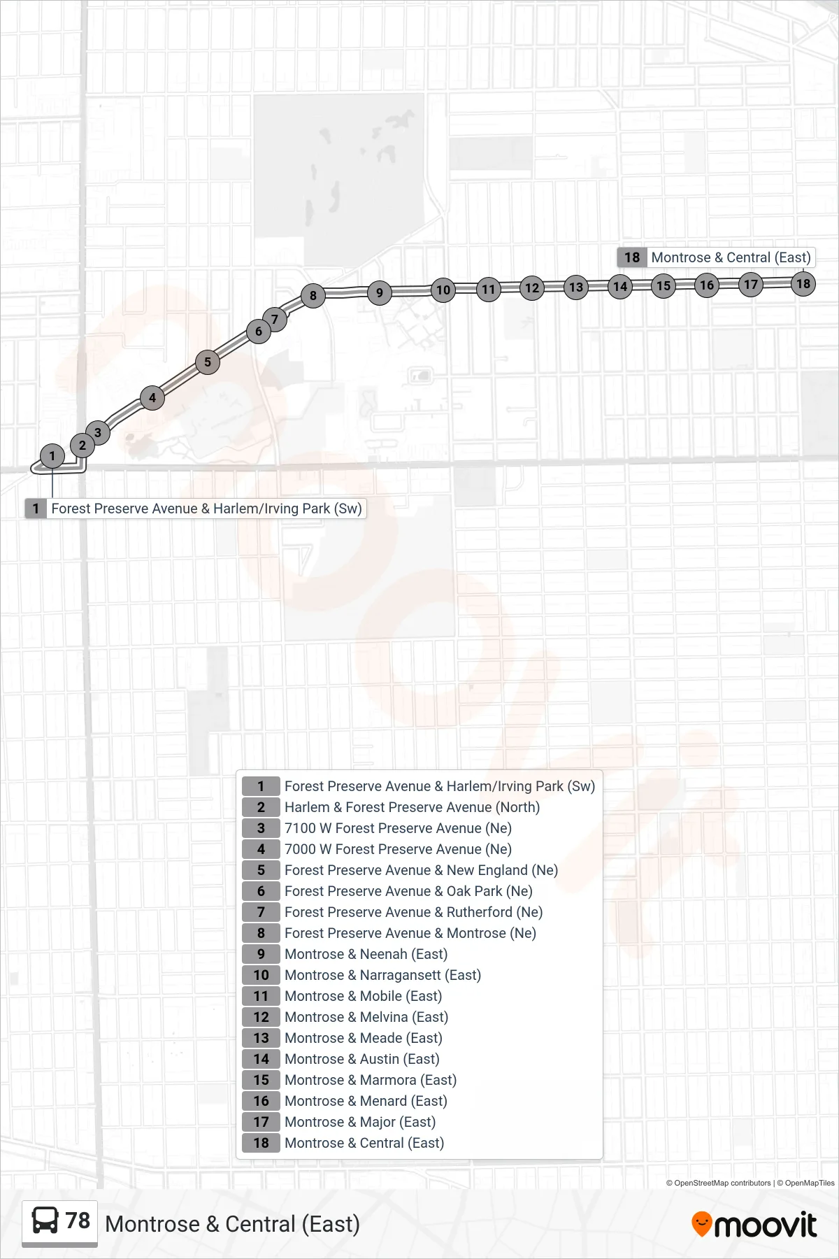 78 bus Line (Montrose & Central (East)) route and stops on a map