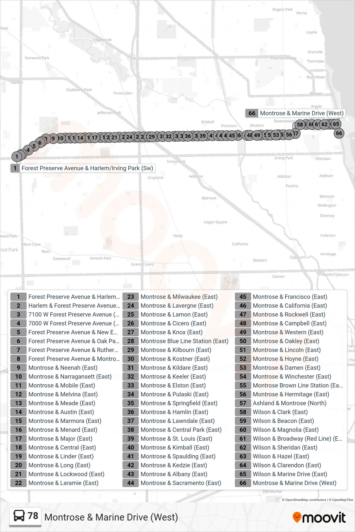 78 bus Line (Montrose & Marine Drive (West)) route and stops on a map