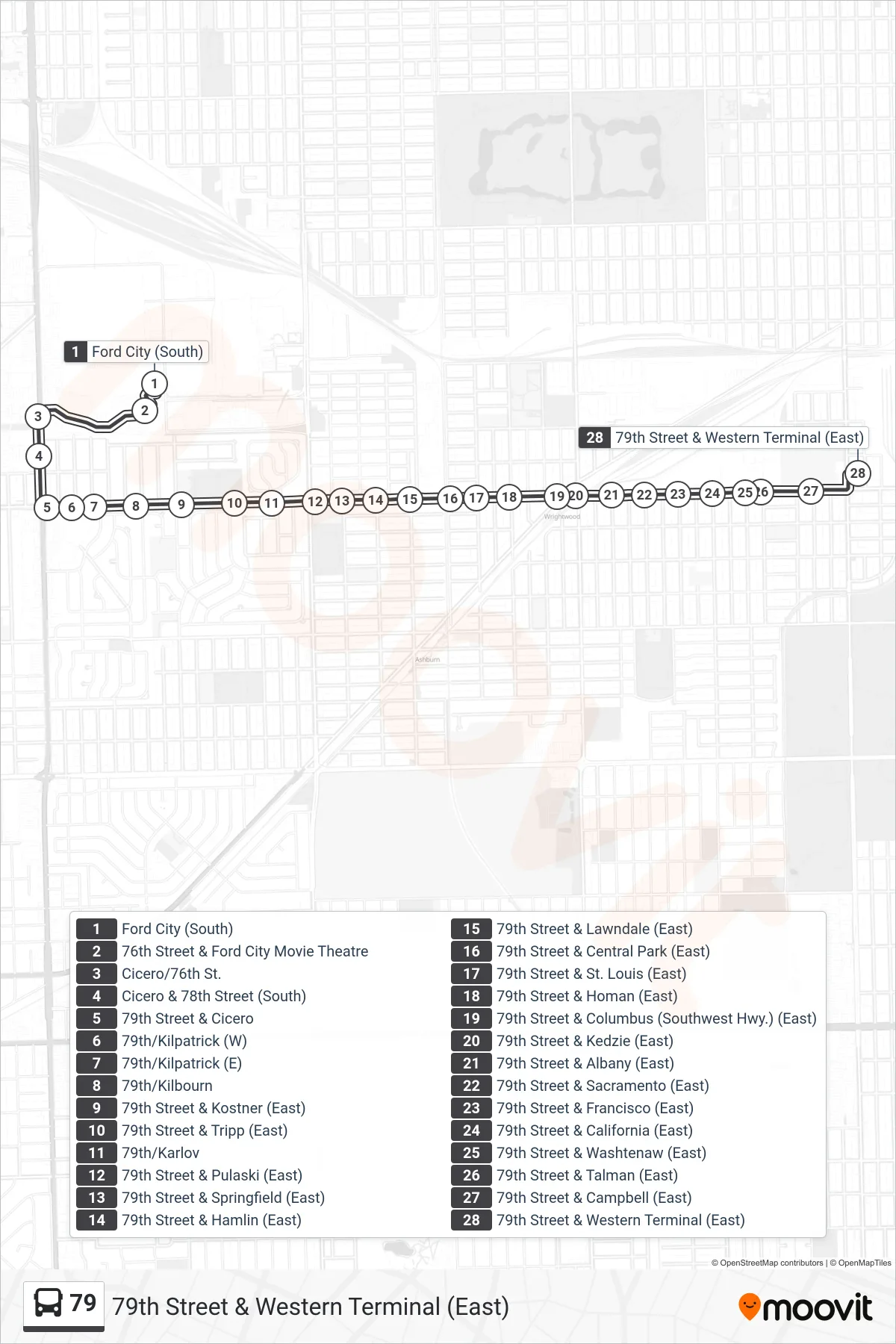79 bus Line (79th Street & Western Terminal (East)) route and stops on a map