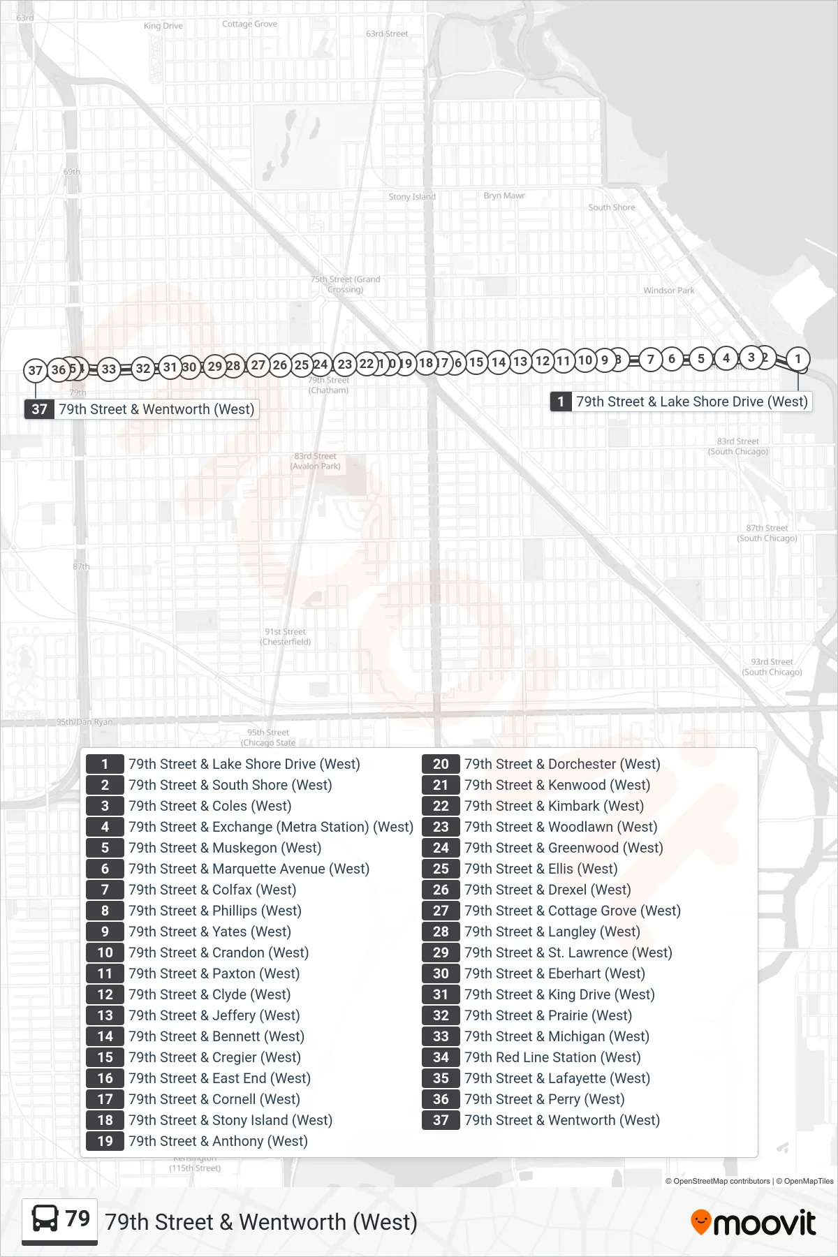 79 bus Line (79th Street & Wentworth (West)) route and stops on a map