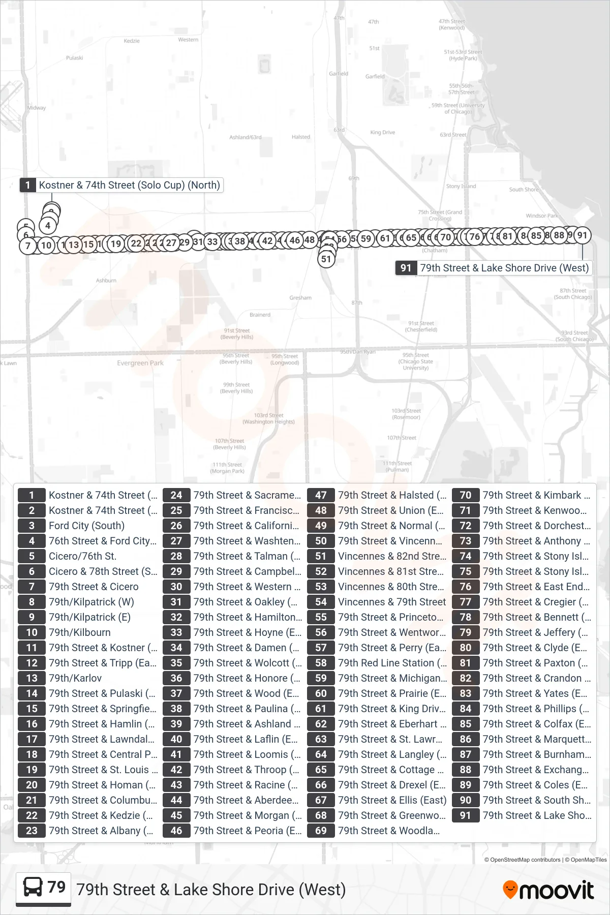 79 bus Line (79th Street & Lake Shore Drive (West)) route and stops on a map