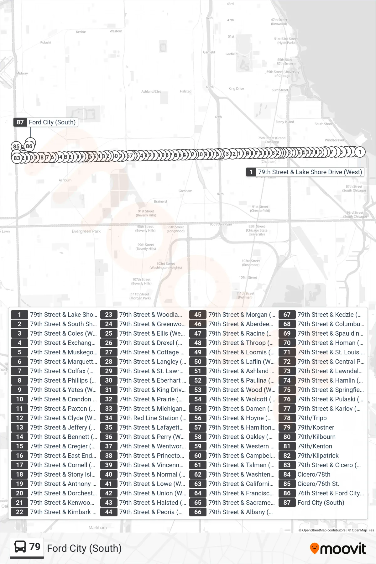 79 bus Line (Ford City (South)) route and stops on a map
