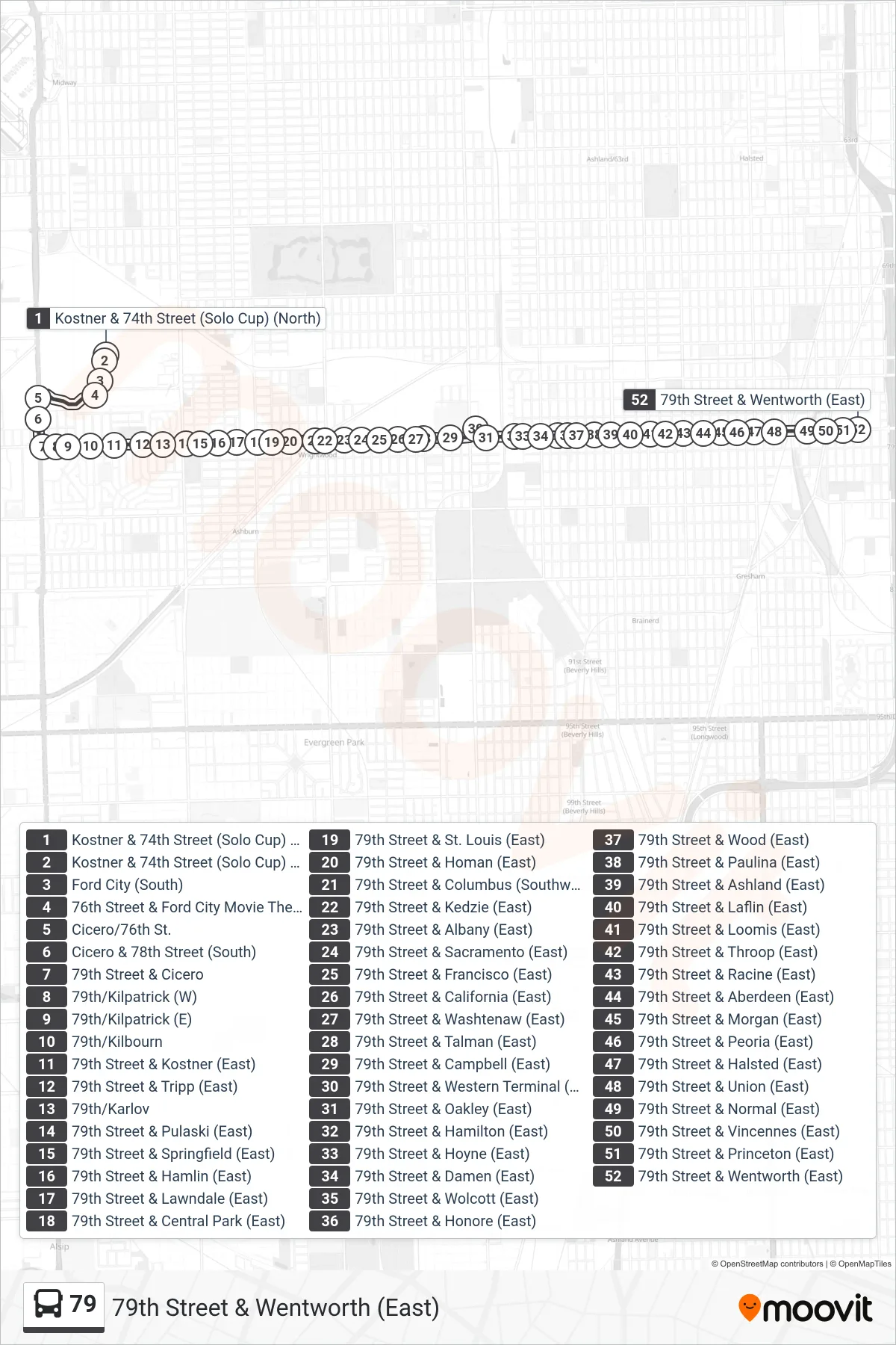 79 bus Line (79th Street & Wentworth (East)) route and stops on a map