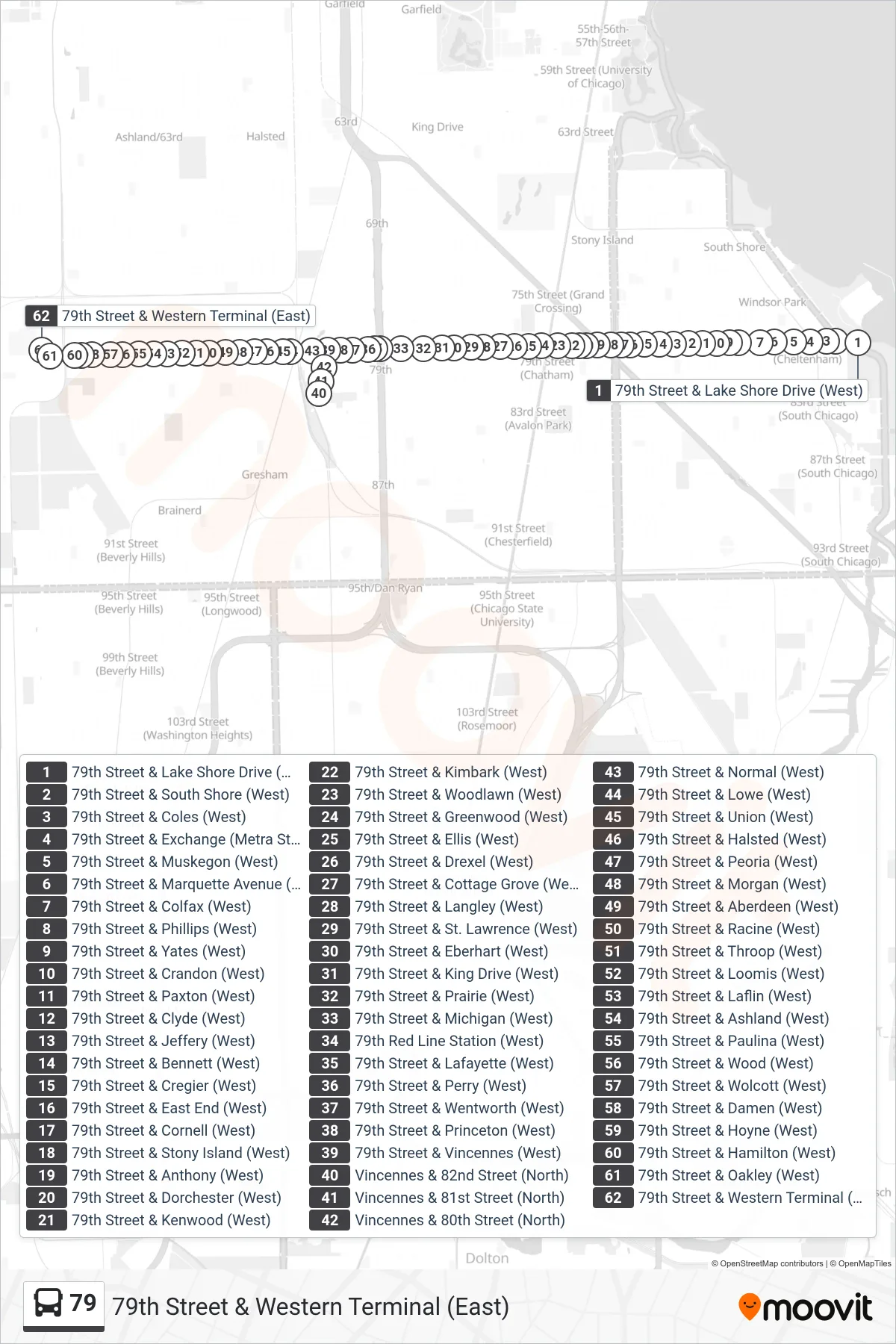 79 bus Line (79th Street & Western Terminal (East)) route and stops on a map