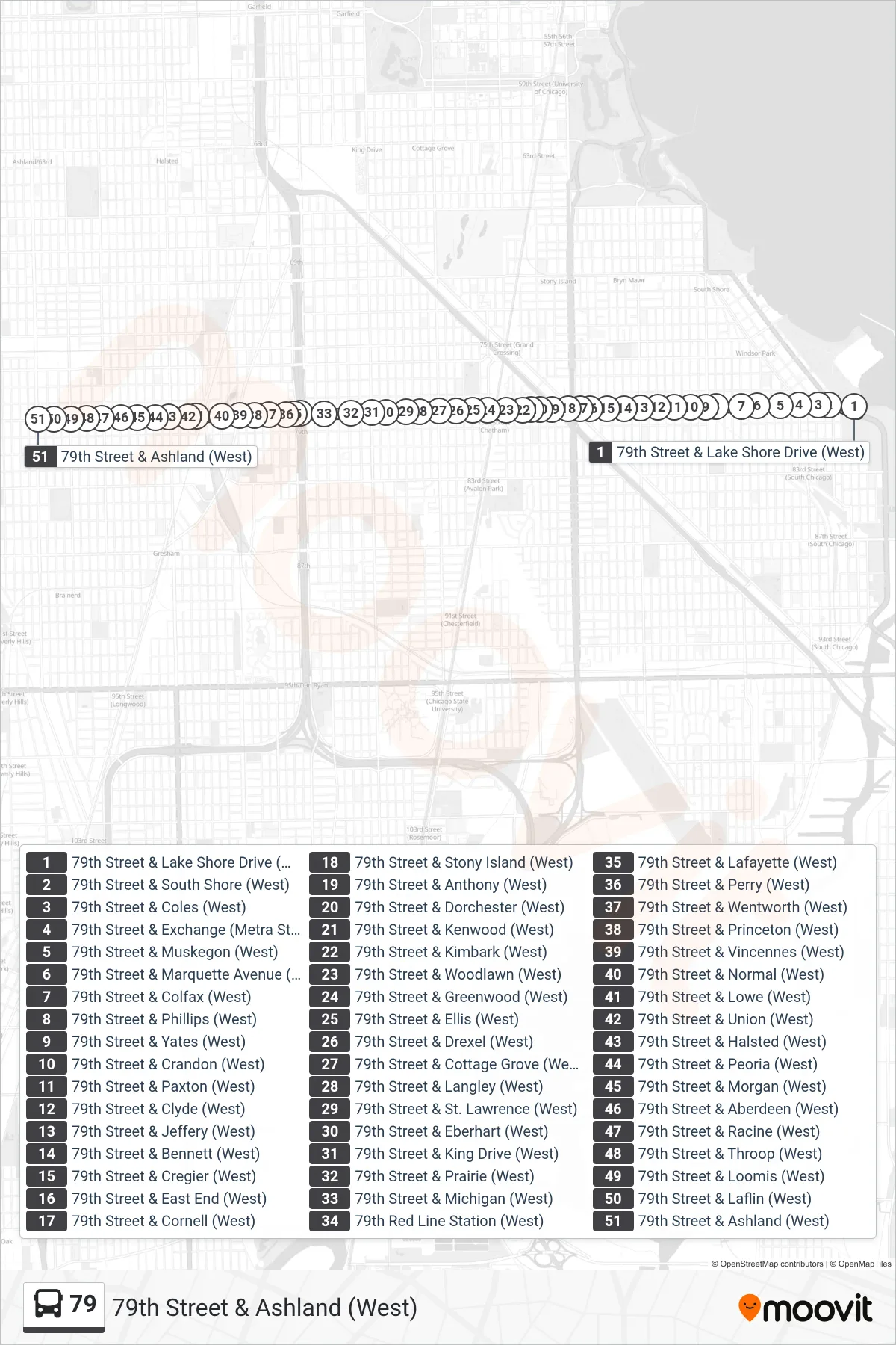 79 bus Line (79th Street & Ashland (West)) route and stops on a map