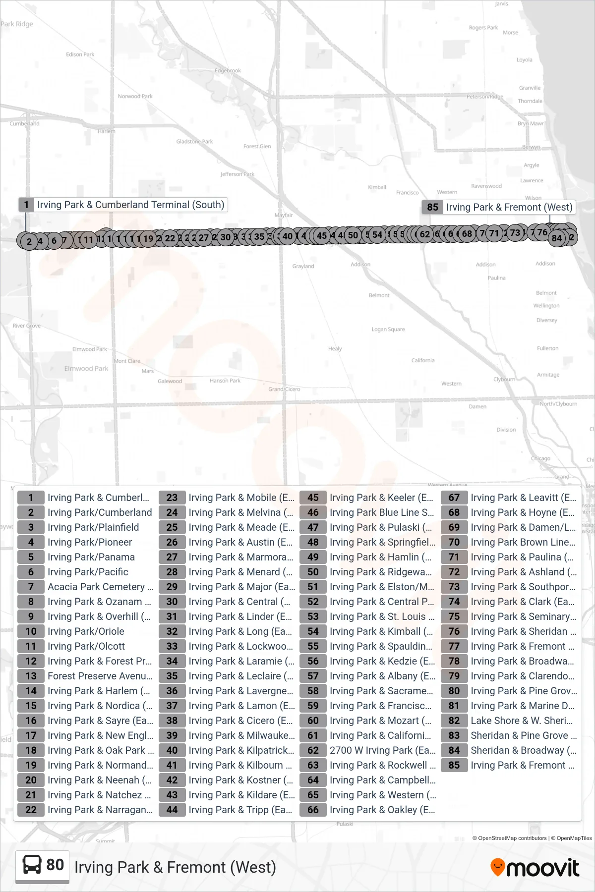 80 bus Line (Irving Park & Fremont (West)) route and stops on a map