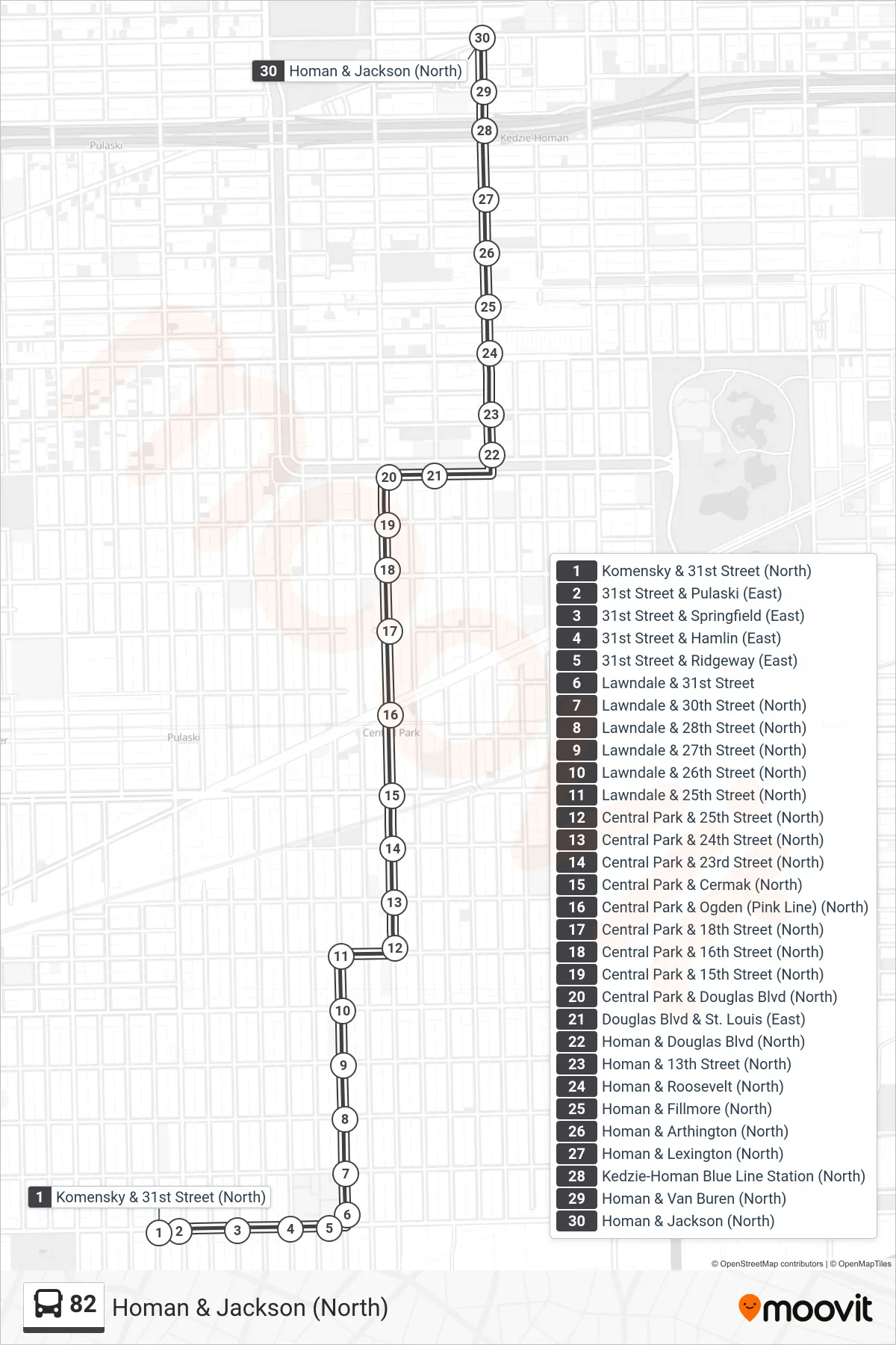82 bus Line (Homan & Jackson (North)) route and stops on a map