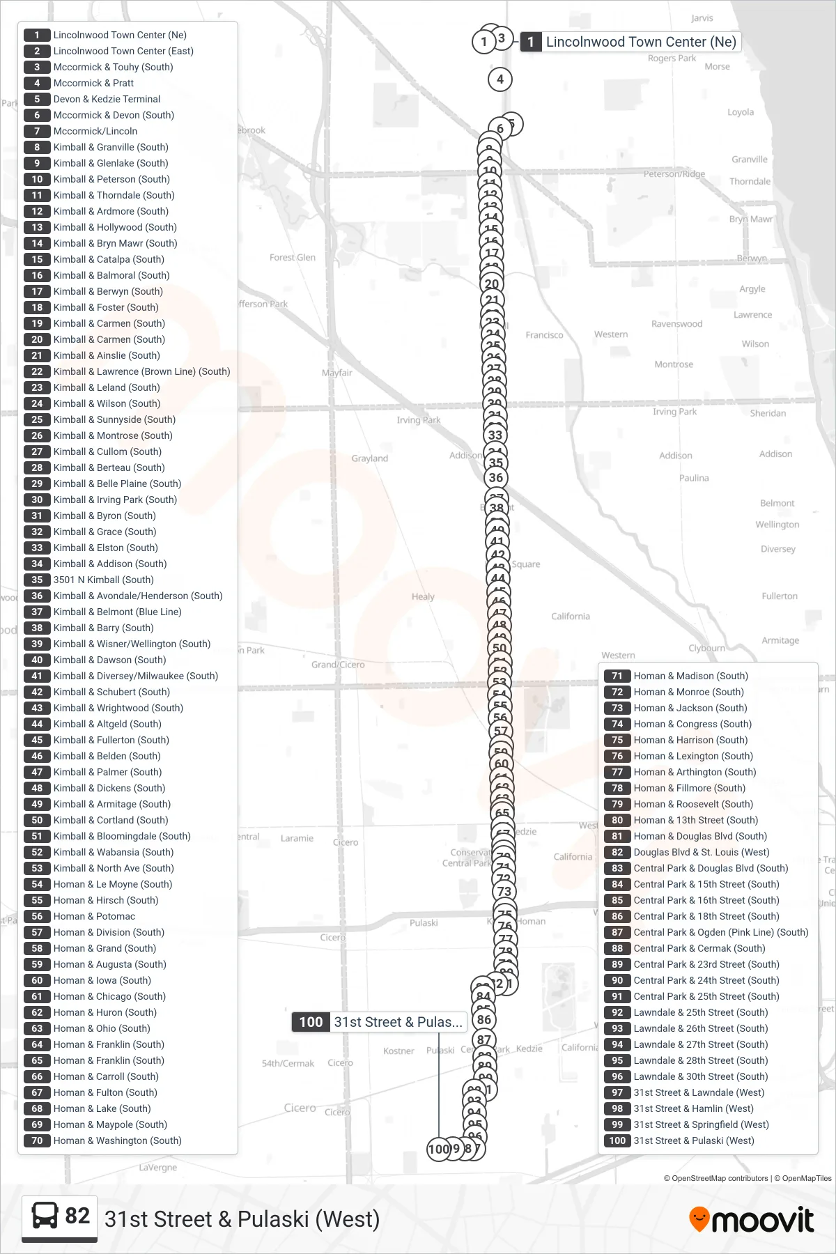 82 bus Line (31st Street & Pulaski (West)) route and stops on a map