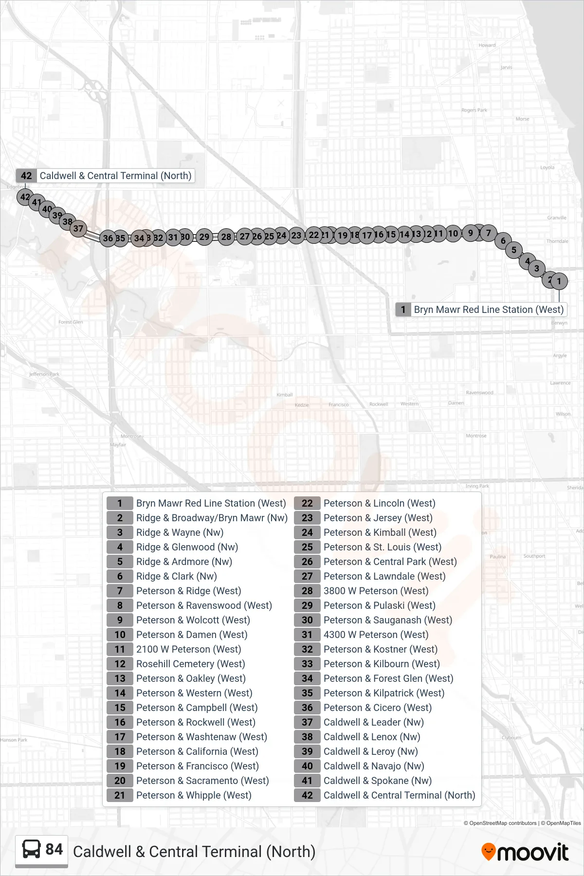 84 bus Line (Caldwell & Central Terminal (North)) route and stops on a map