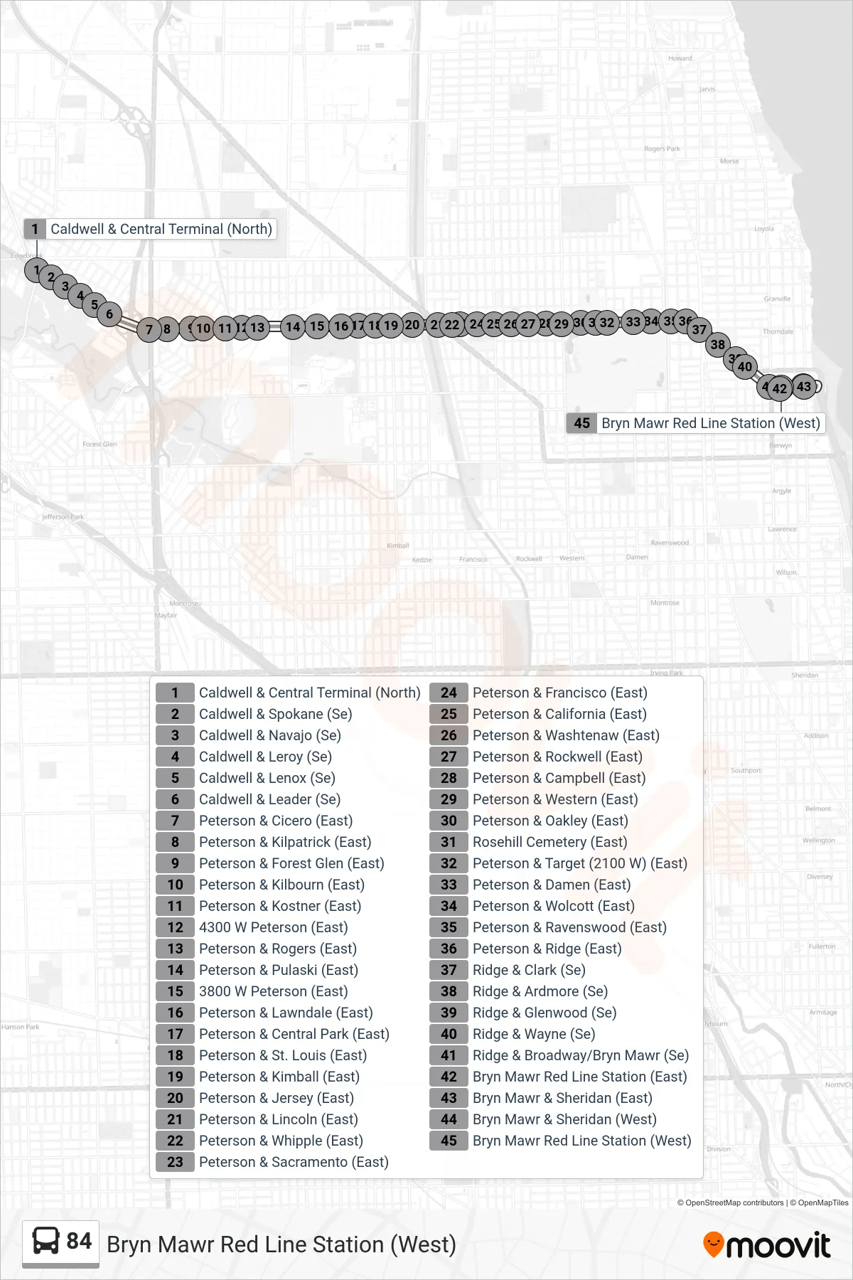 84 bus Line (Bryn Mawr Red Line Station (West)) route and stops on a map