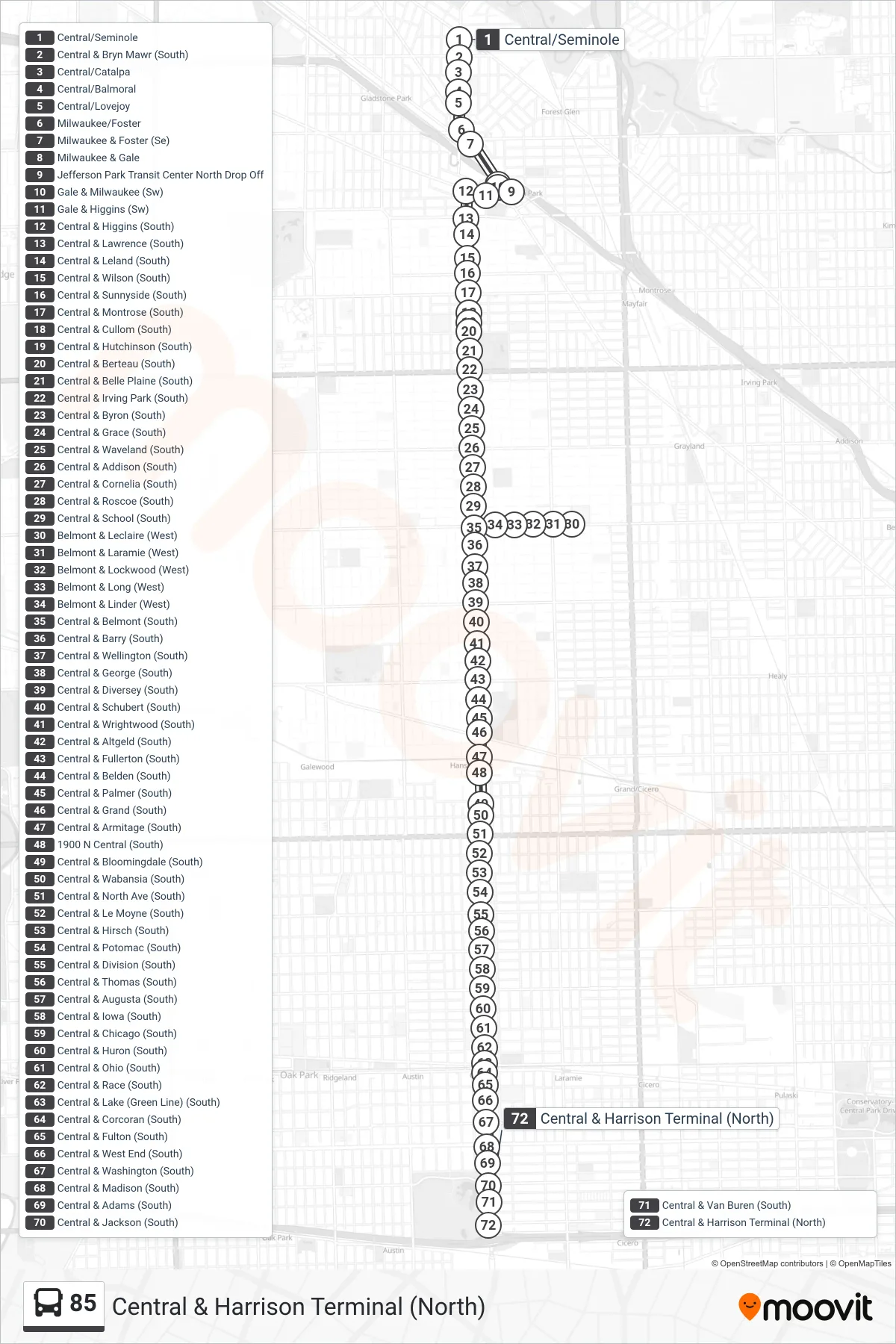 85 bus Line (Central & Harrison Terminal (North)) route and stops on a map