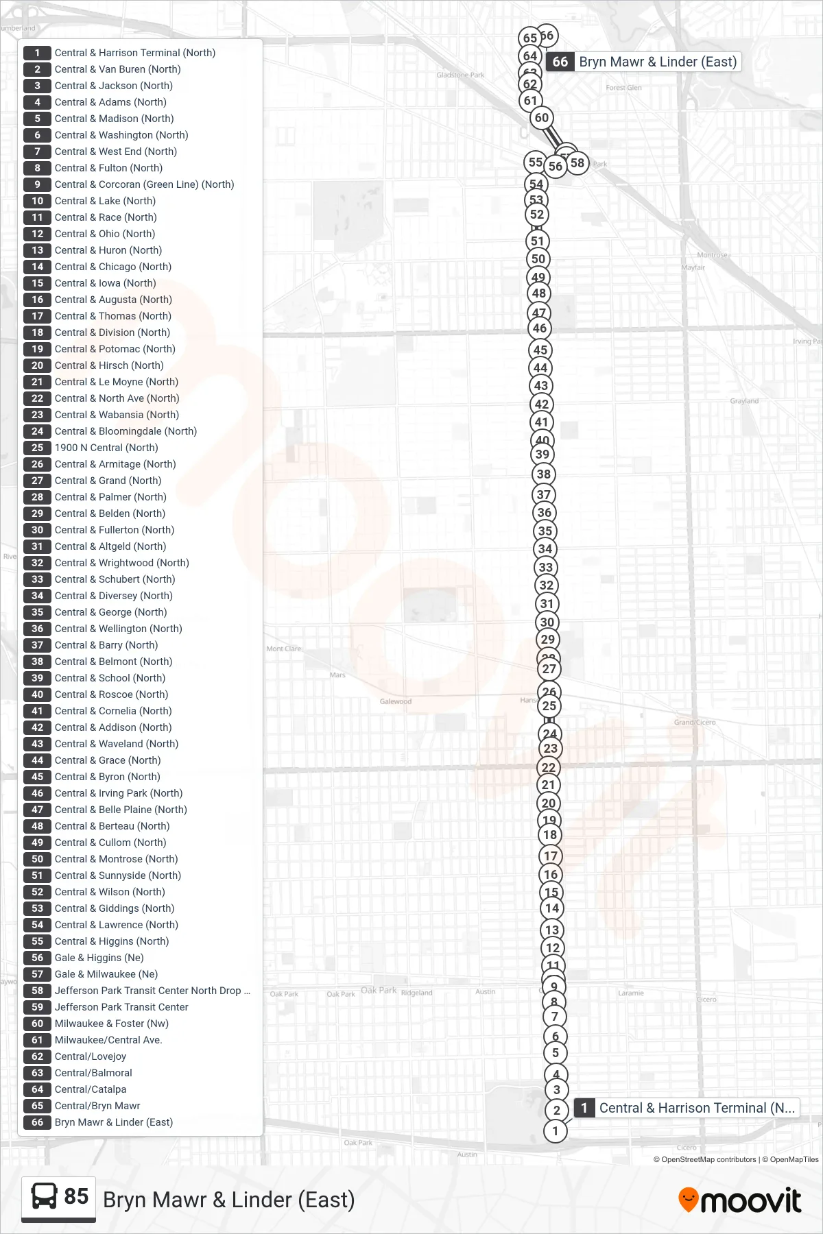 85 bus Line (Bryn Mawr & Linder (East)) route and stops on a map