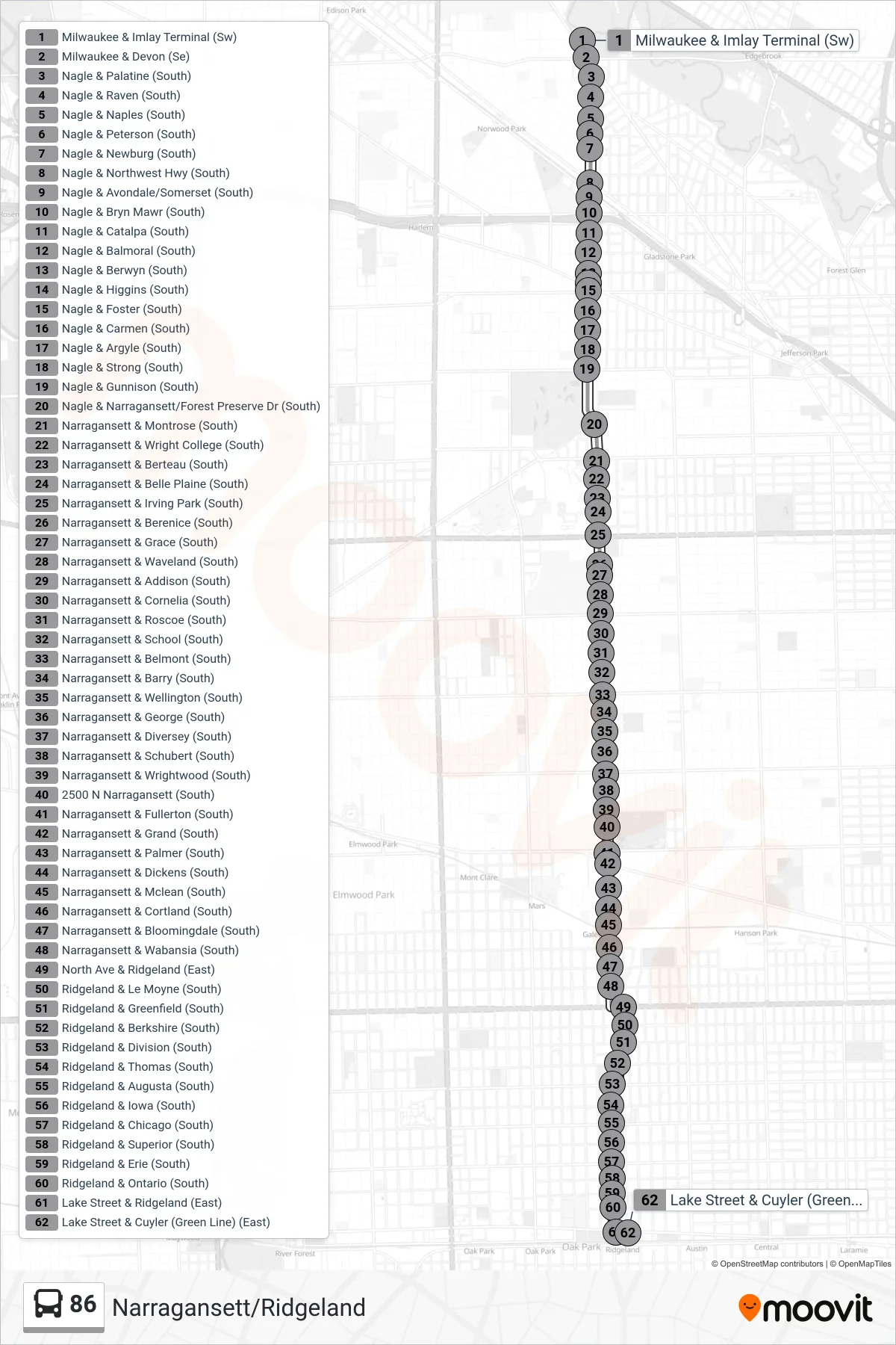 86 bus Line (Lake Street & Cuyler (Green Line) (East)) route and stops on a map