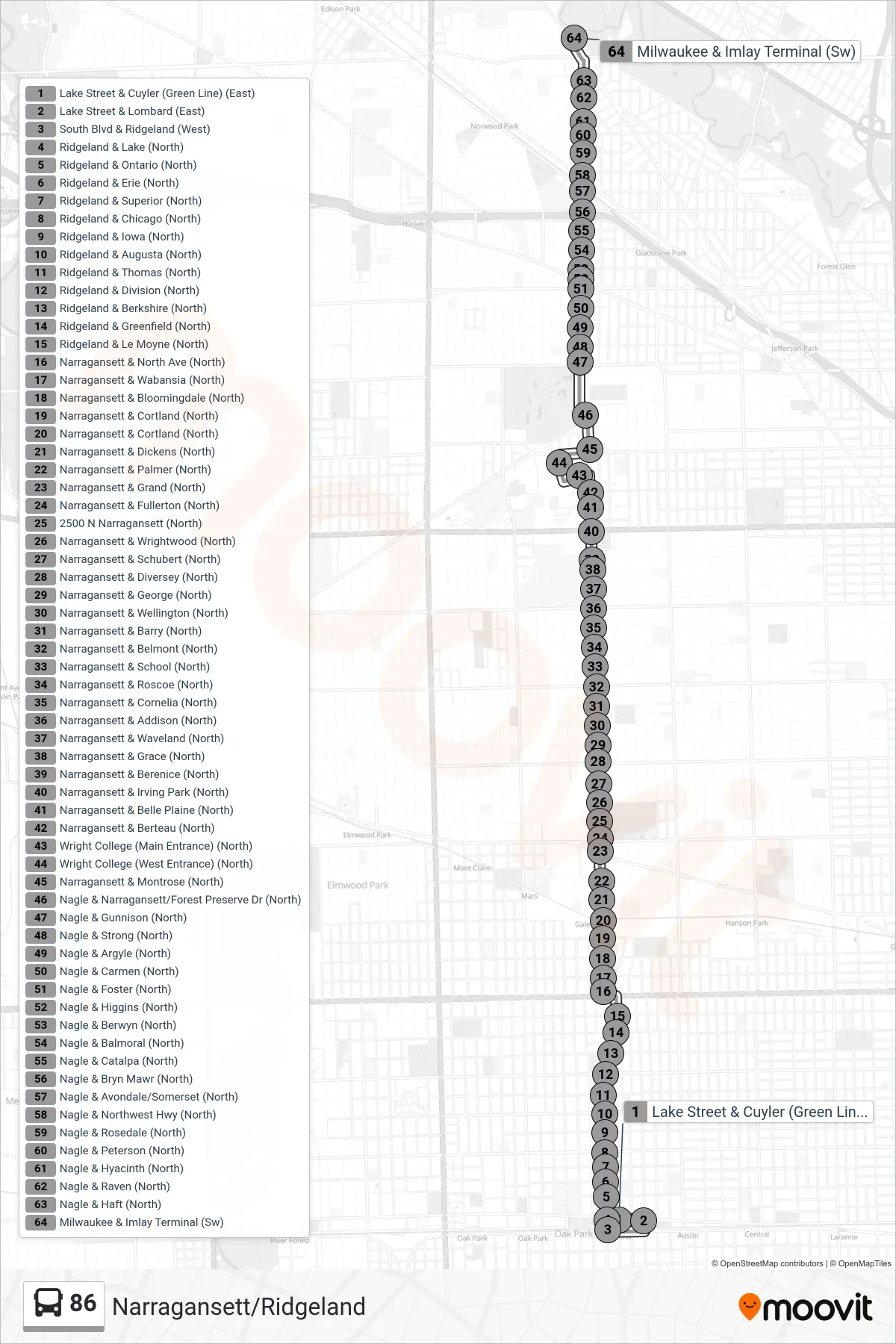 86 bus Line (Milwaukee & Imlay Terminal (Sw)) route and stops on a map