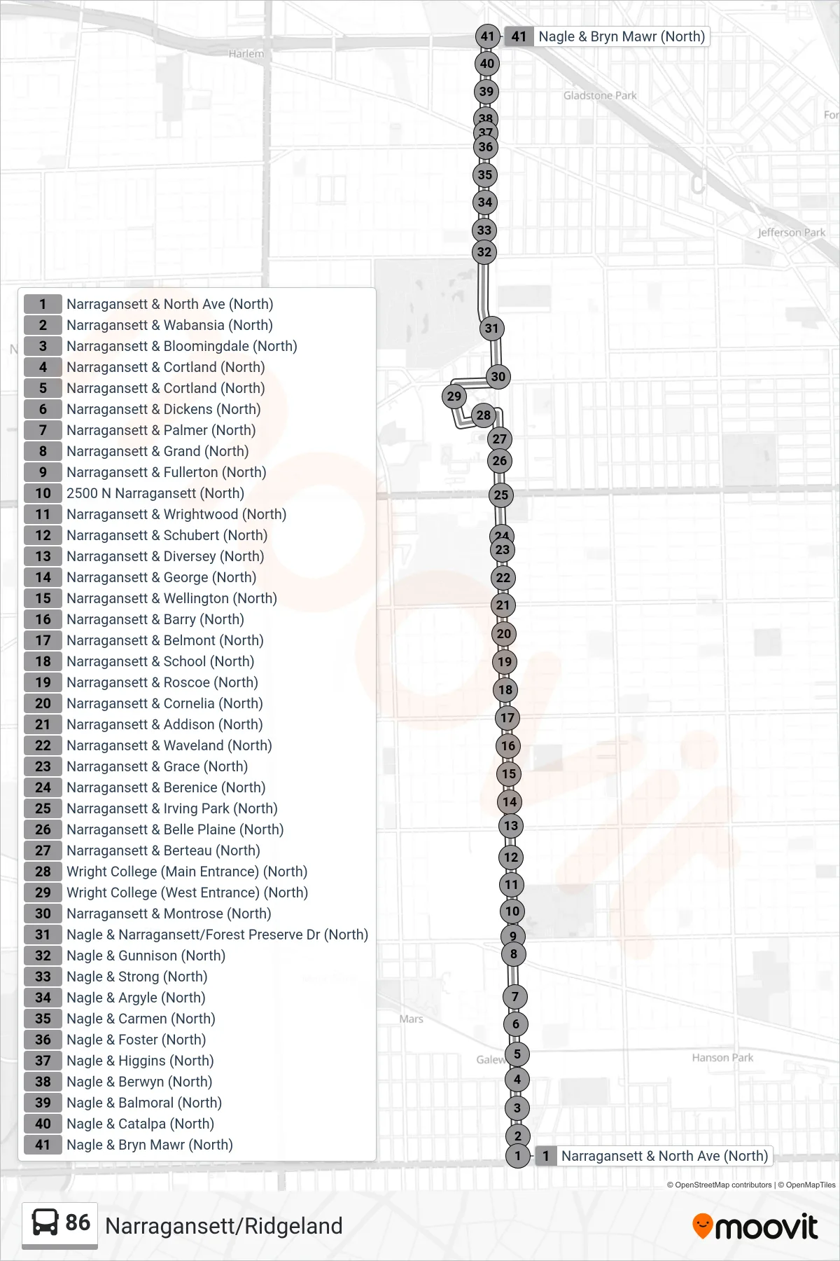 86 bus Line (Nagle & Bryn Mawr (North)) route and stops on a map