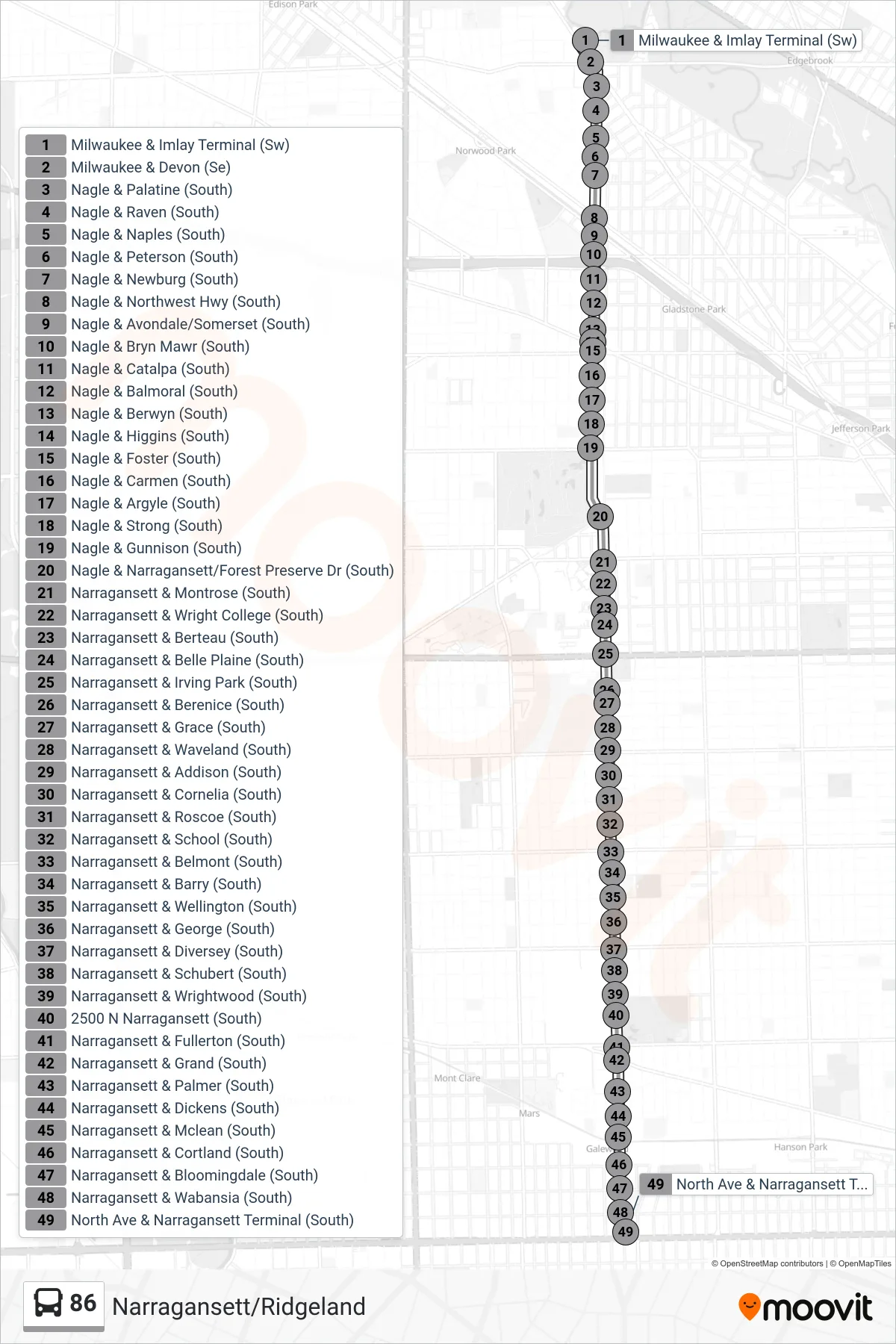 86 bus Line (North Ave & Narragansett Terminal (South)) route and stops on a map