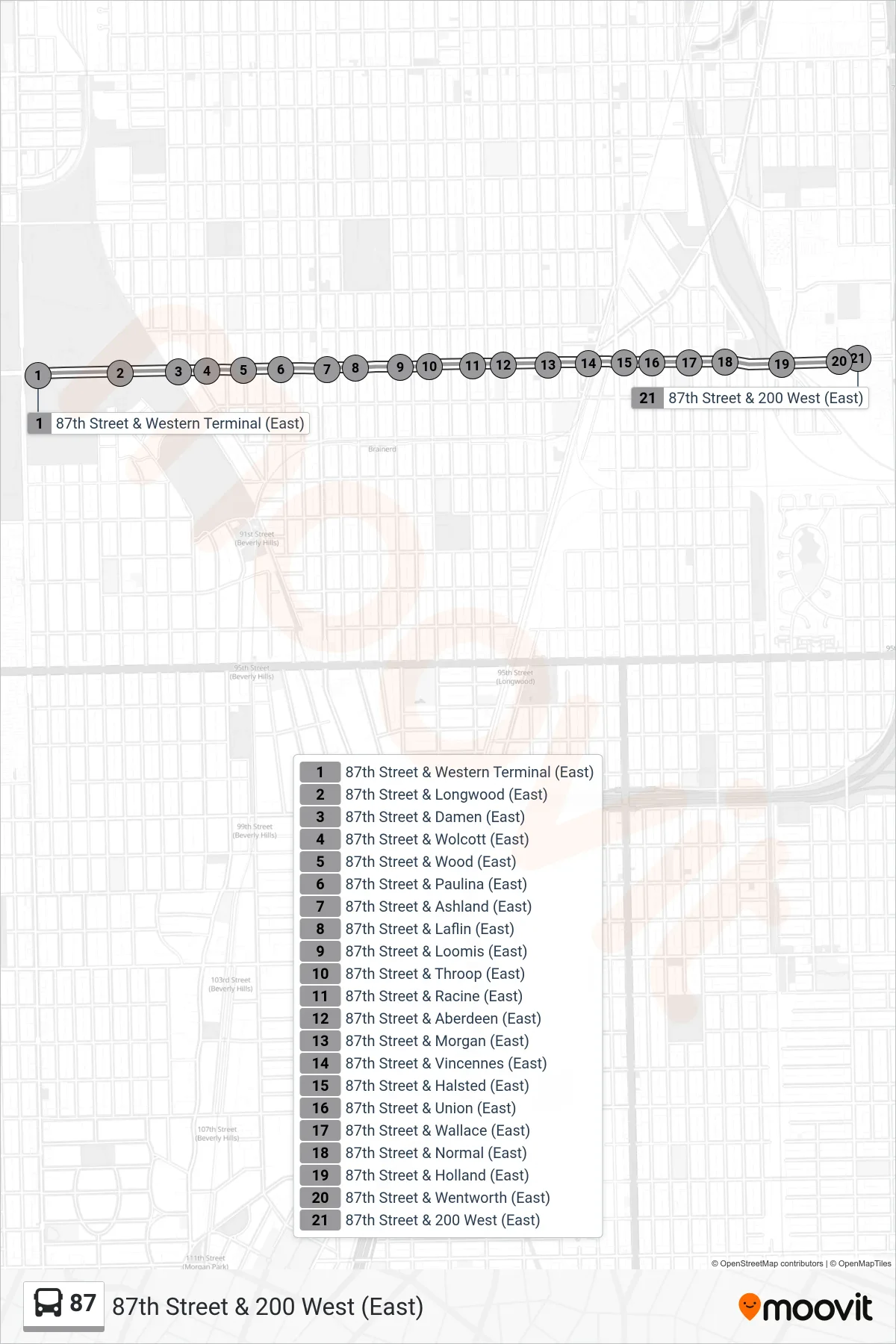87 bus Line (87th Street & 200 West (East)) route and stops on a map