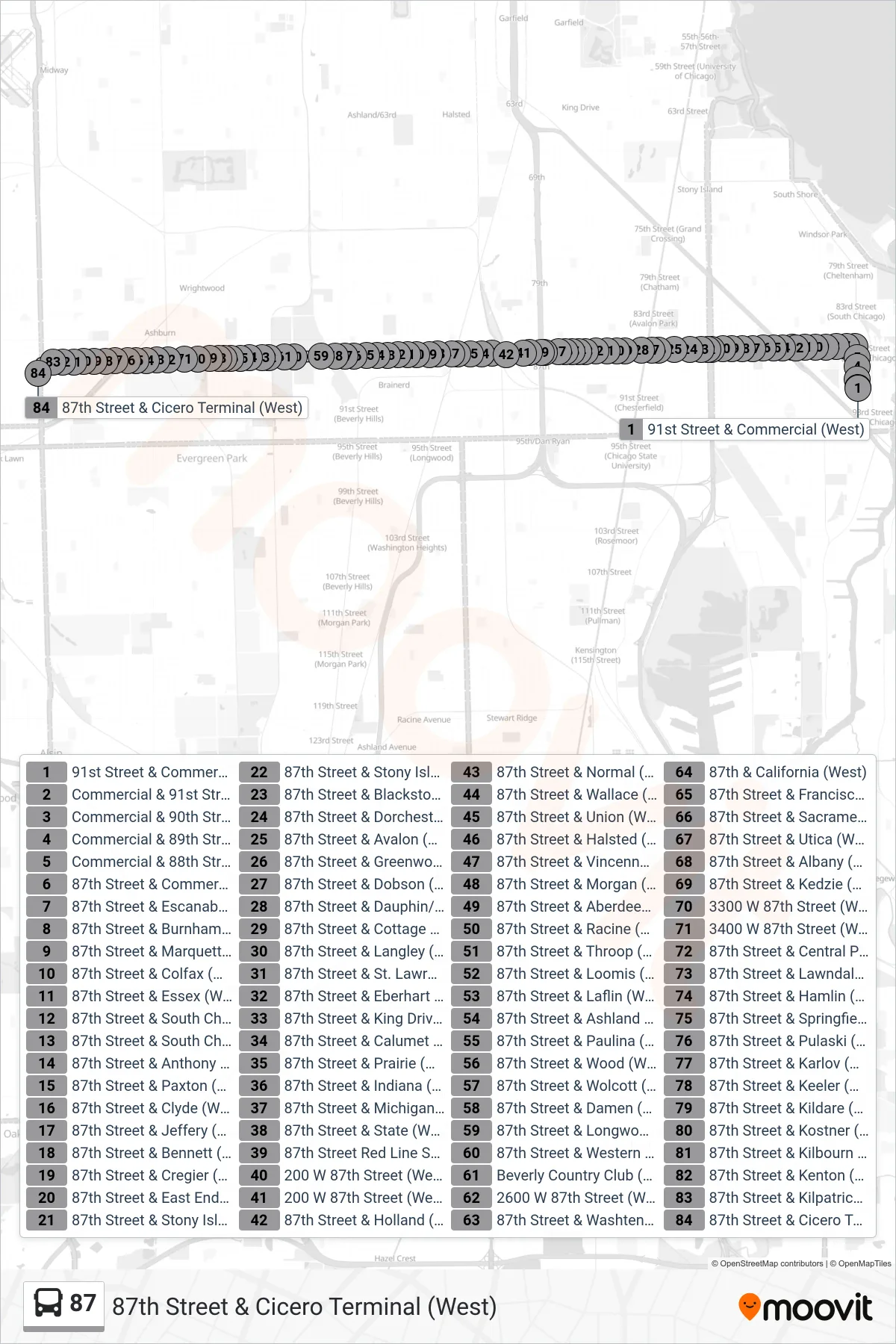 87 bus Line (87th Street & Cicero Terminal (West)) route and stops on a map