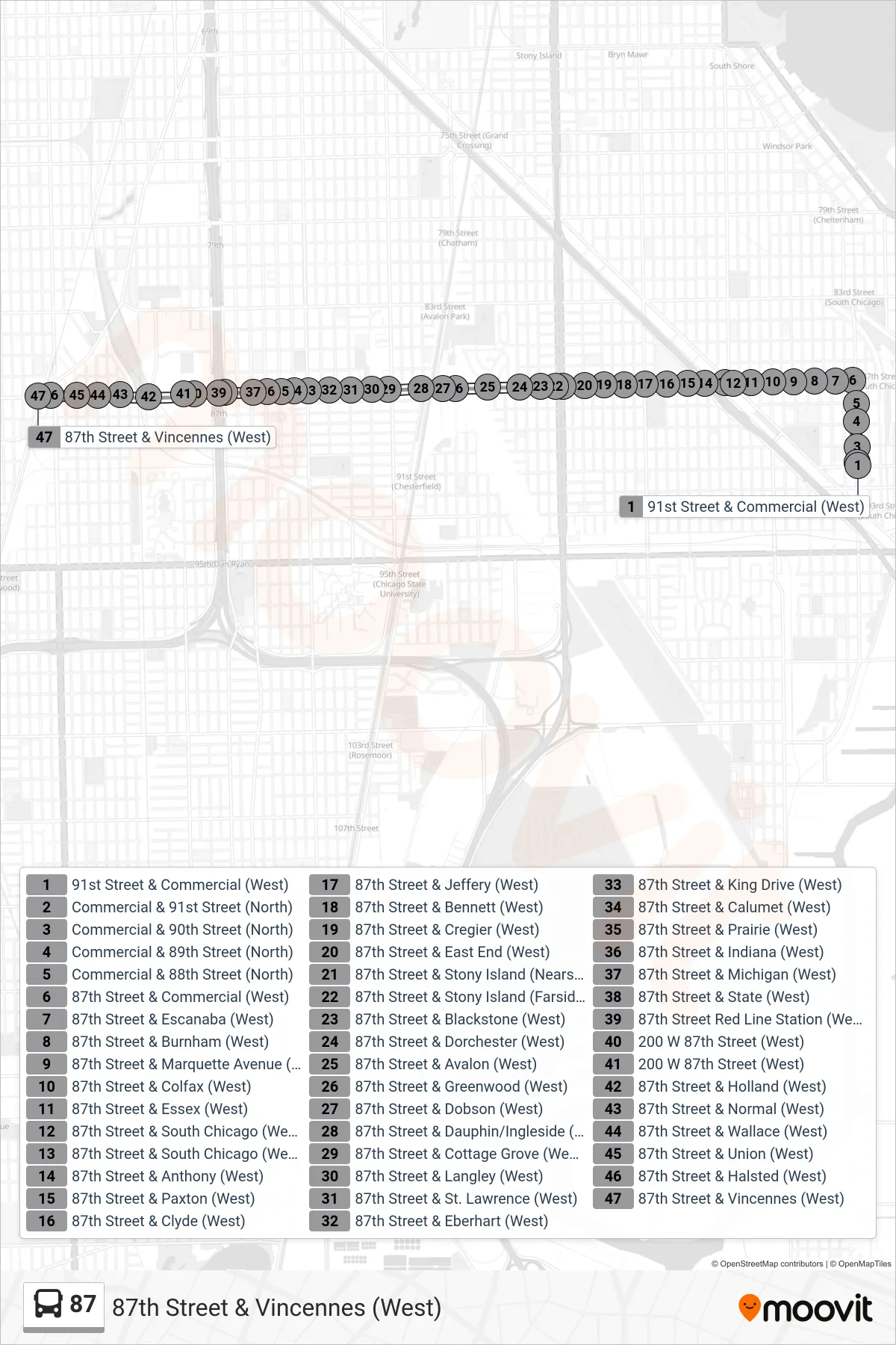 87 bus Line (87th Street & Vincennes (West)) route and stops on a map
