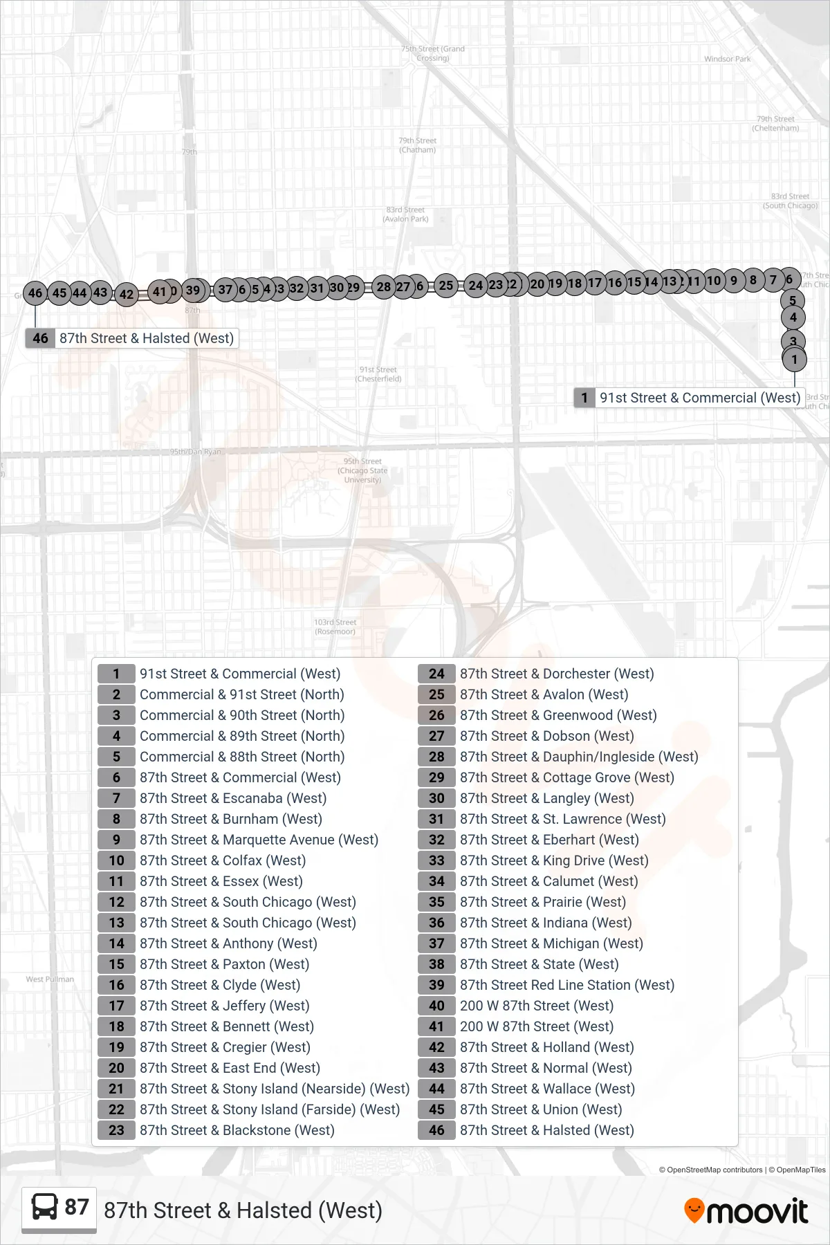 87 bus Line (87th Street & Halsted (West)) route and stops on a map
