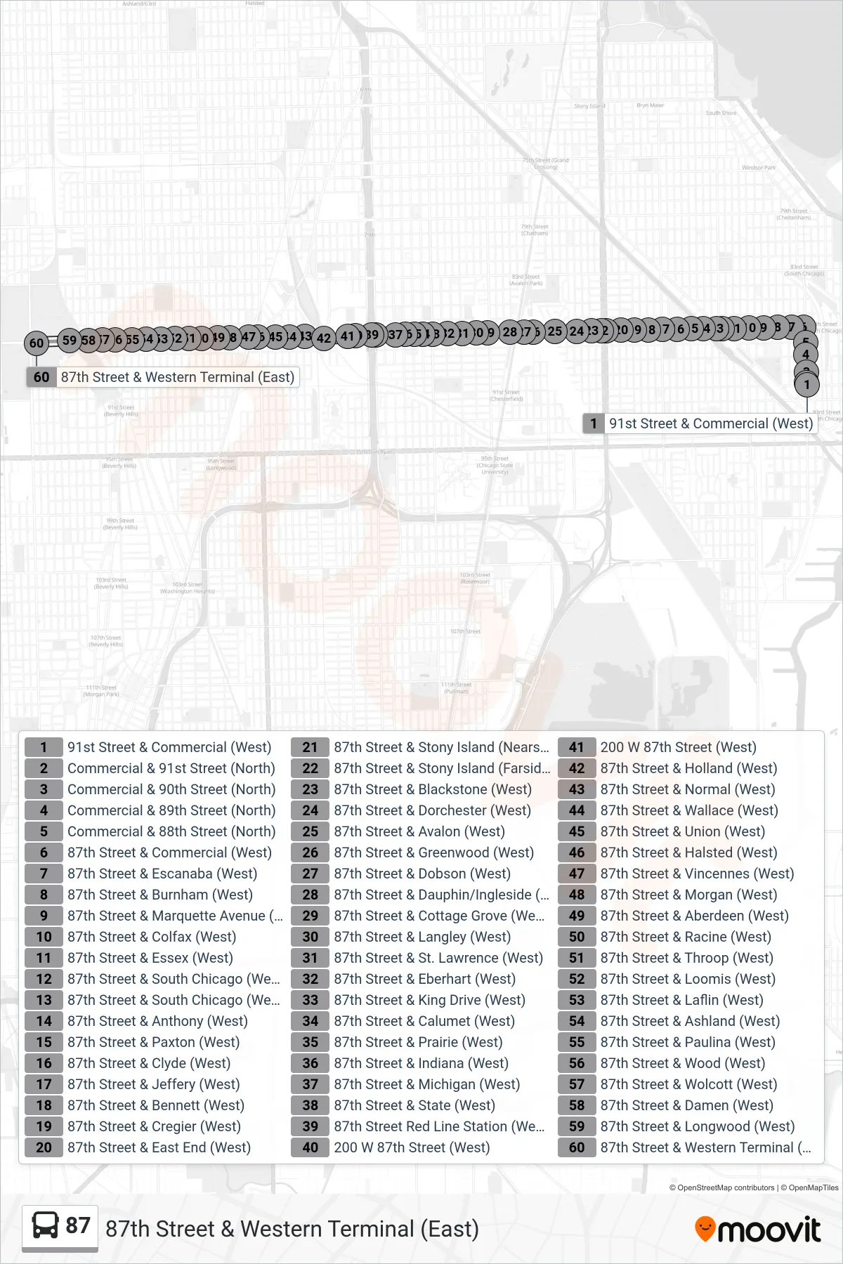 87 bus Line (87th Street & Western Terminal (East)) route and stops on a map