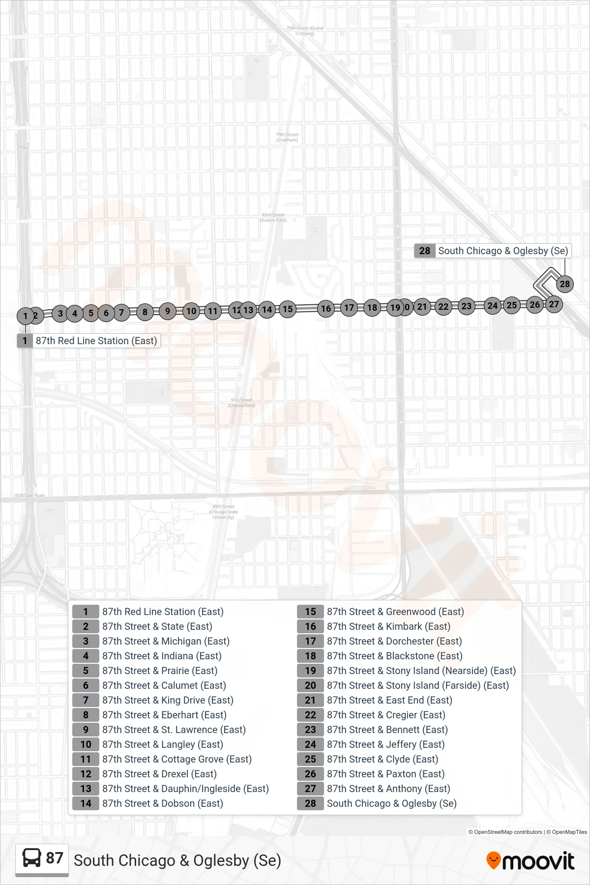 87 bus Line (South Chicago & Oglesby (Se)) route and stops on a map