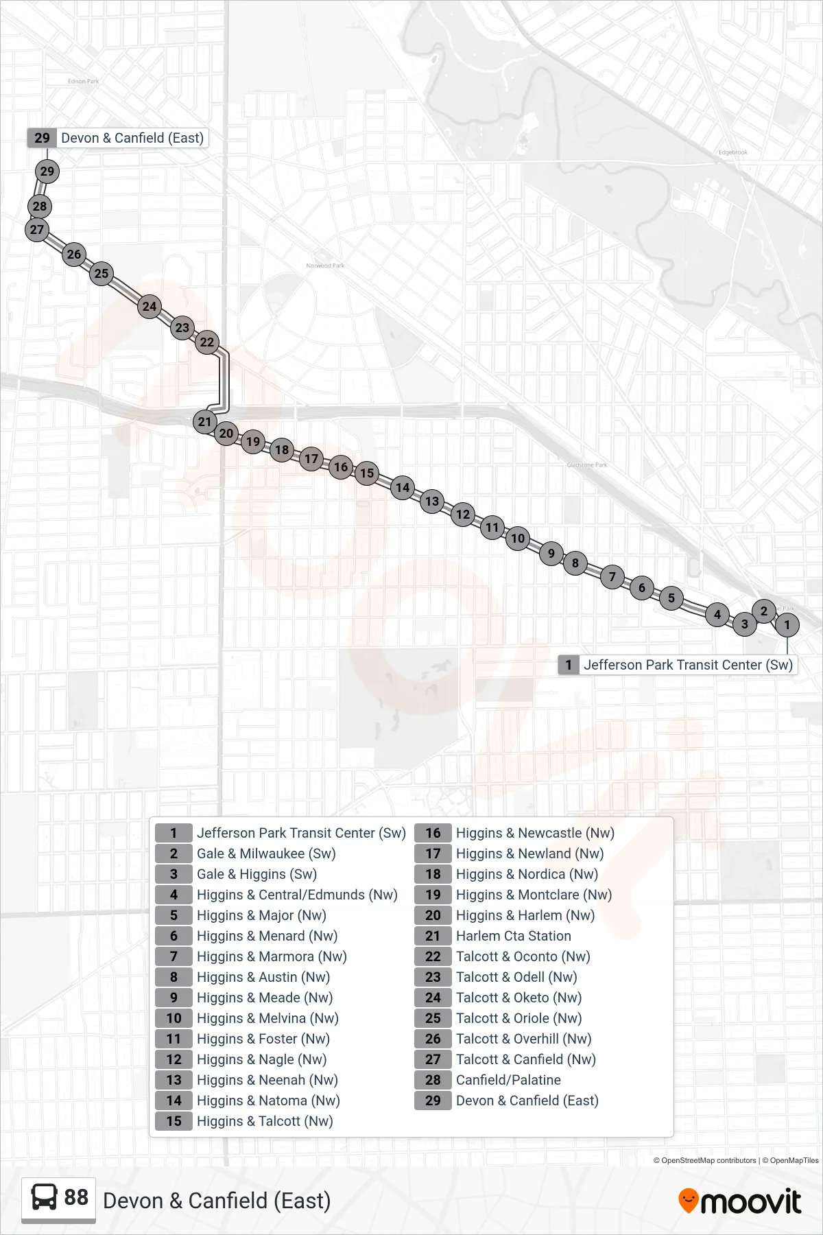 88 bus Line (Devon & Canfield (East)) route and stops on a map