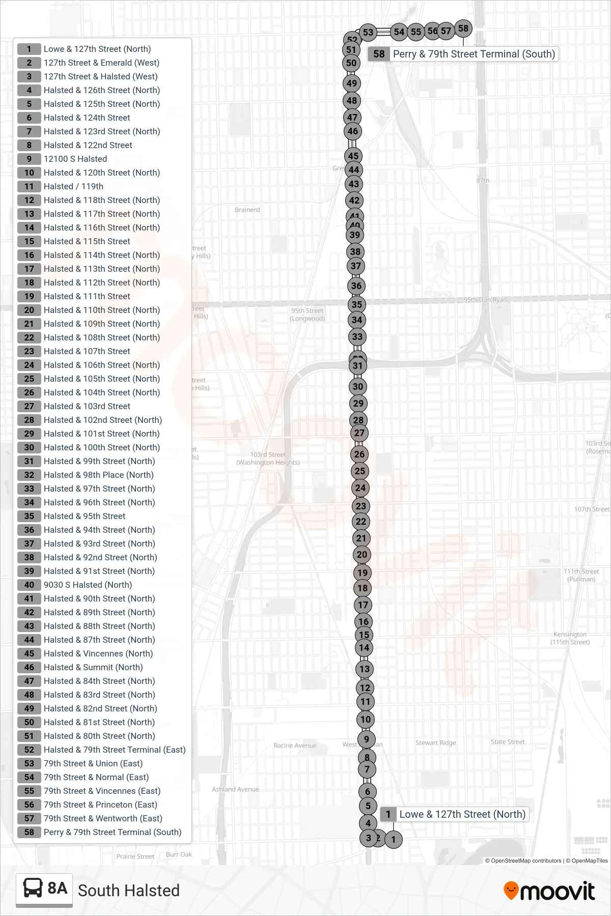 8A bus Line (Perry & 79th Street Terminal (South)) route and stops on a map