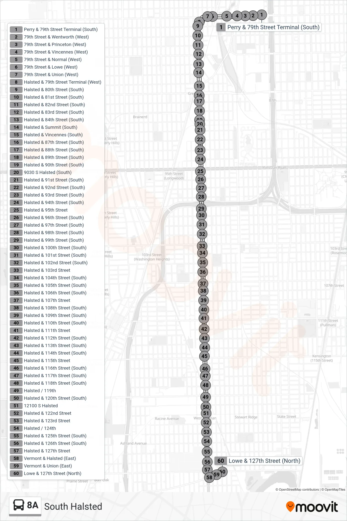 8A bus Line (Lowe & 127th Street (North)) route and stops on a map
