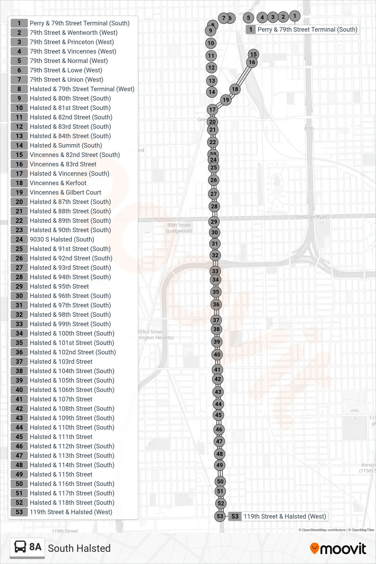 8A bus Line (119th Street & Halsted (West)) route and stops on a map