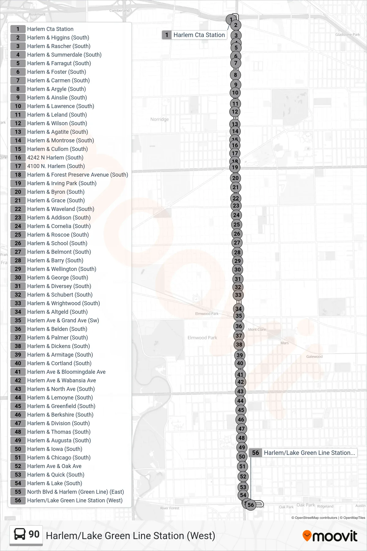 90 bus Line (Harlem/Lake Green Line Station (West)) route and stops on a map