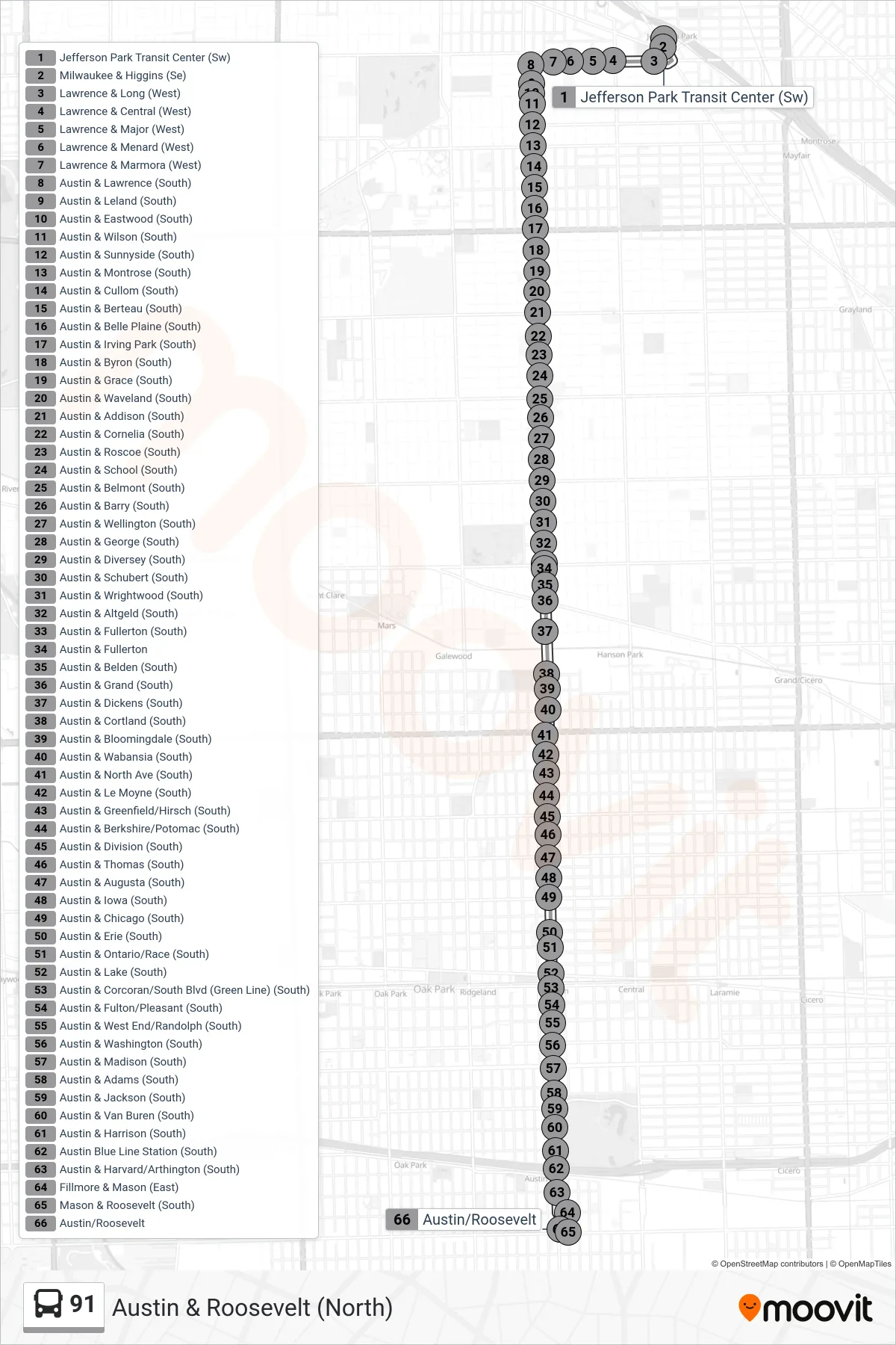 91 bus Line (Austin & Roosevelt (North)) route and stops on a map