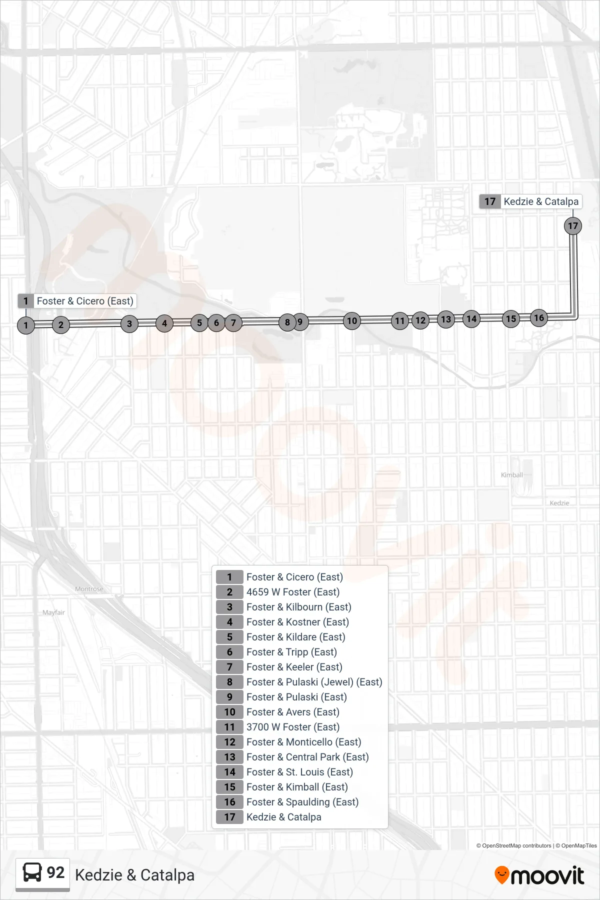 92 bus Line (Kedzie & Catalpa) route and stops on a map