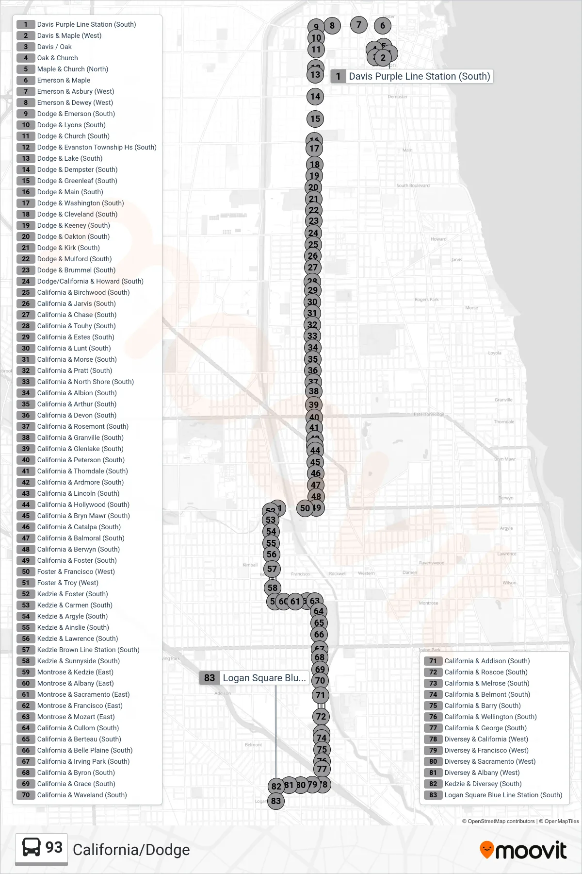 93 bus Line (Logan Square Blue Line Station (South)) route and stops on a map