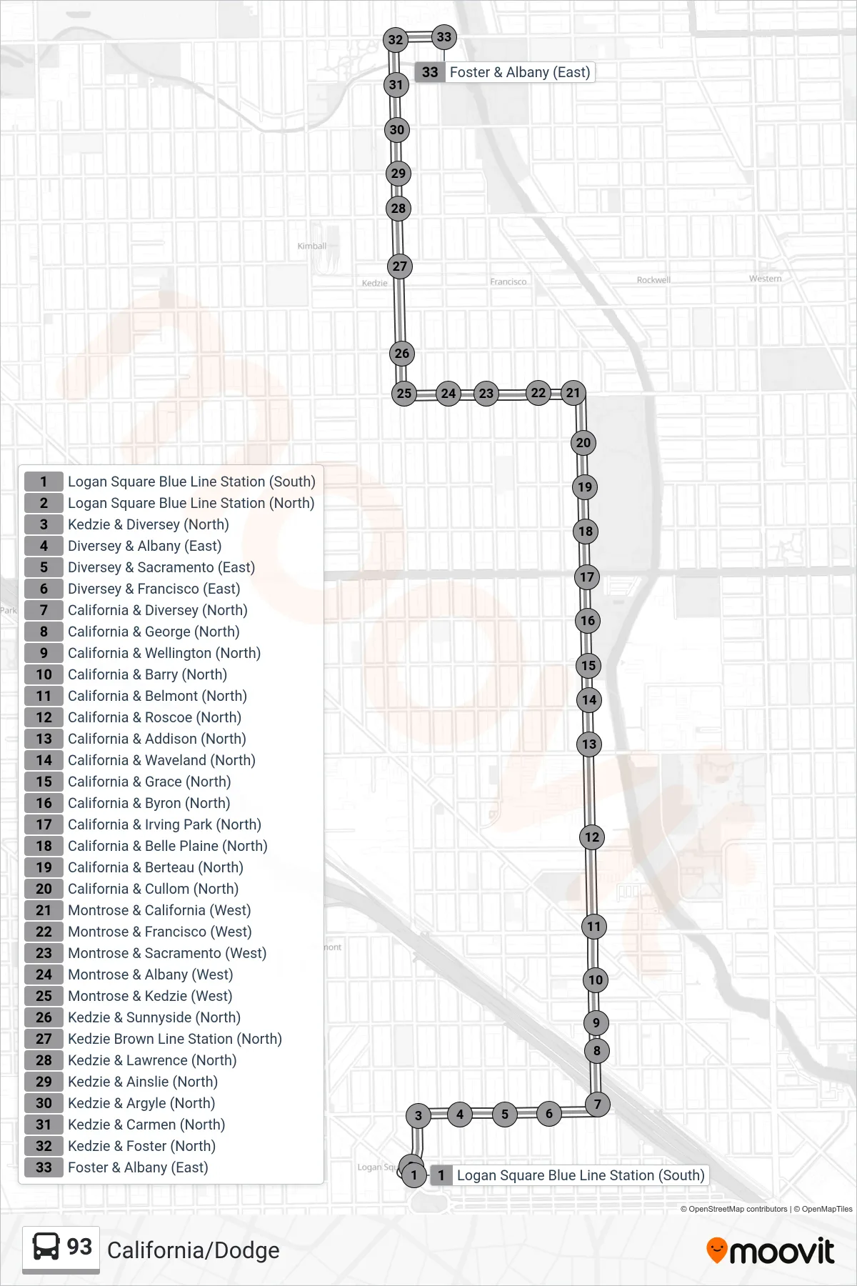93 bus Line (Foster & Albany (East)) route and stops on a map