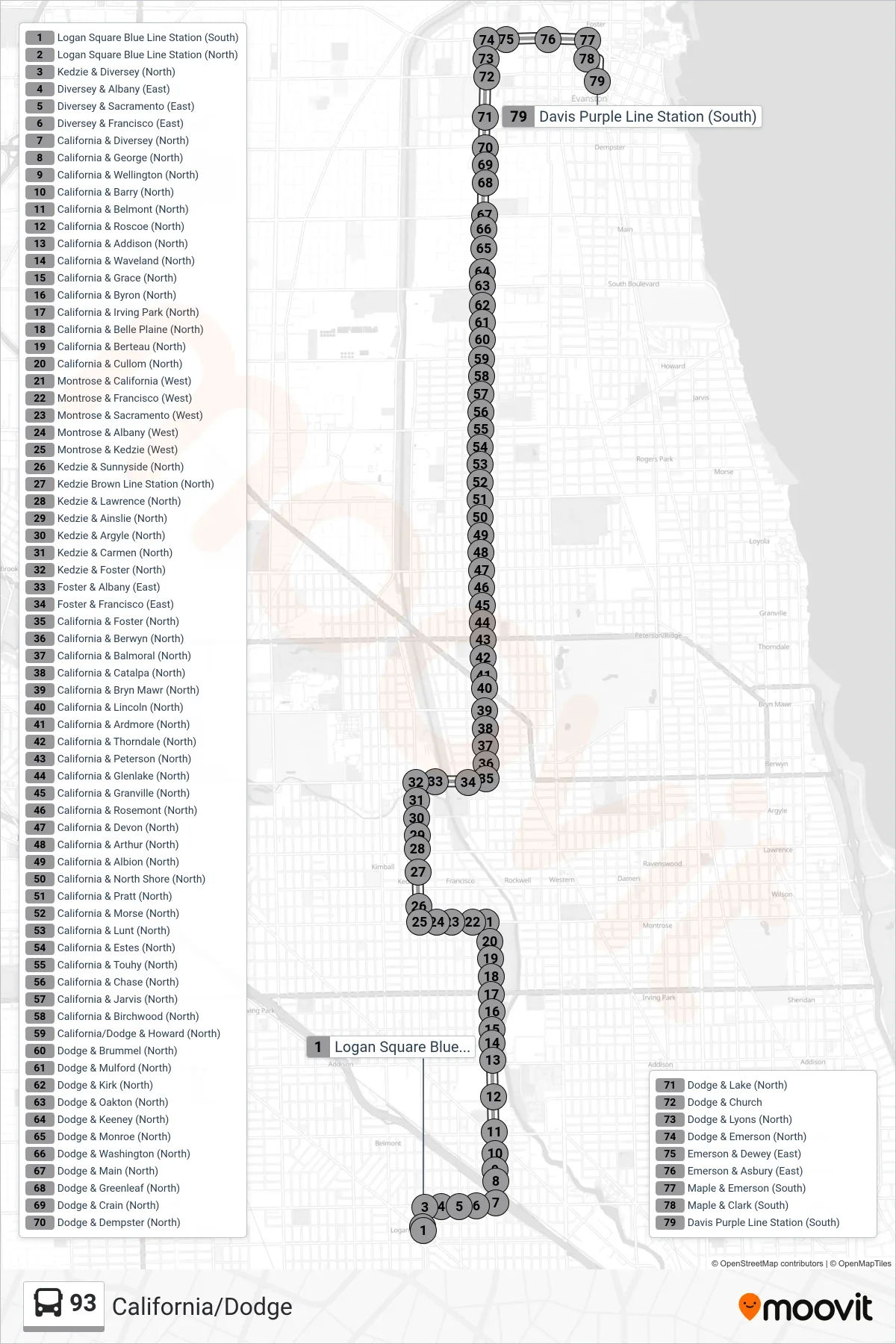 93 bus Line (Davis Purple Line Station (South)) route and stops on a map