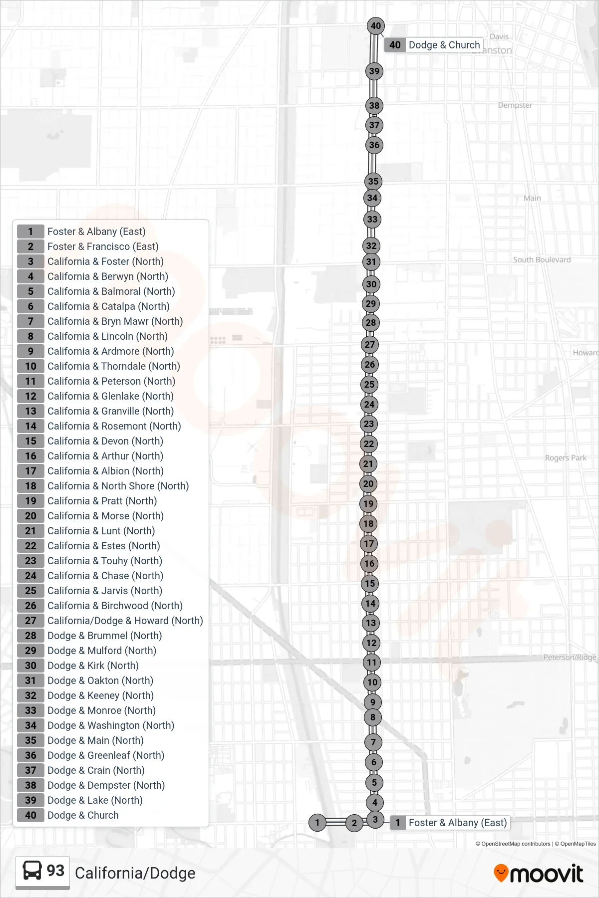 93 bus Line (Dodge & Church) route and stops on a map