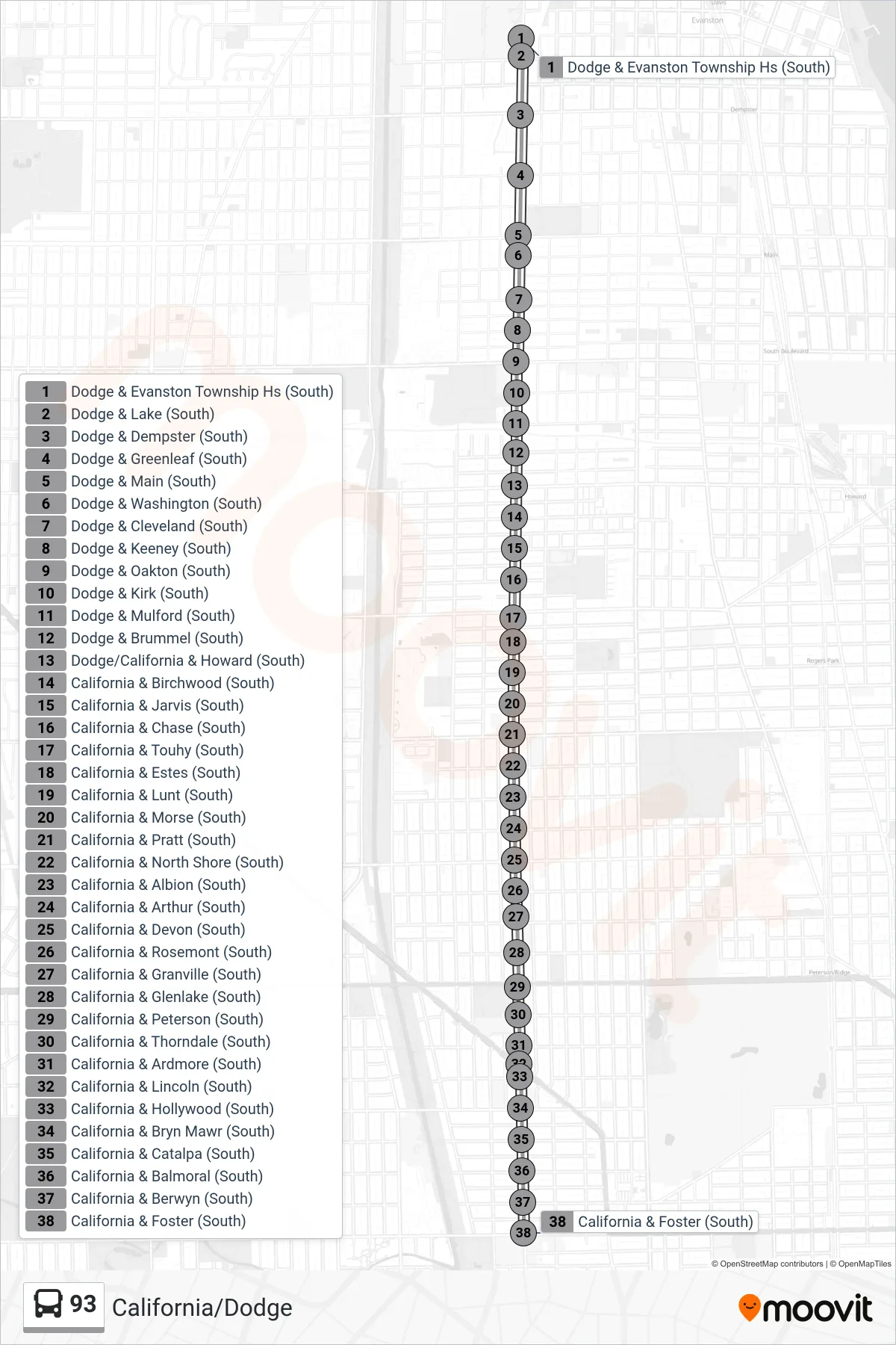 93 bus Line (California & Foster (South)) route and stops on a map